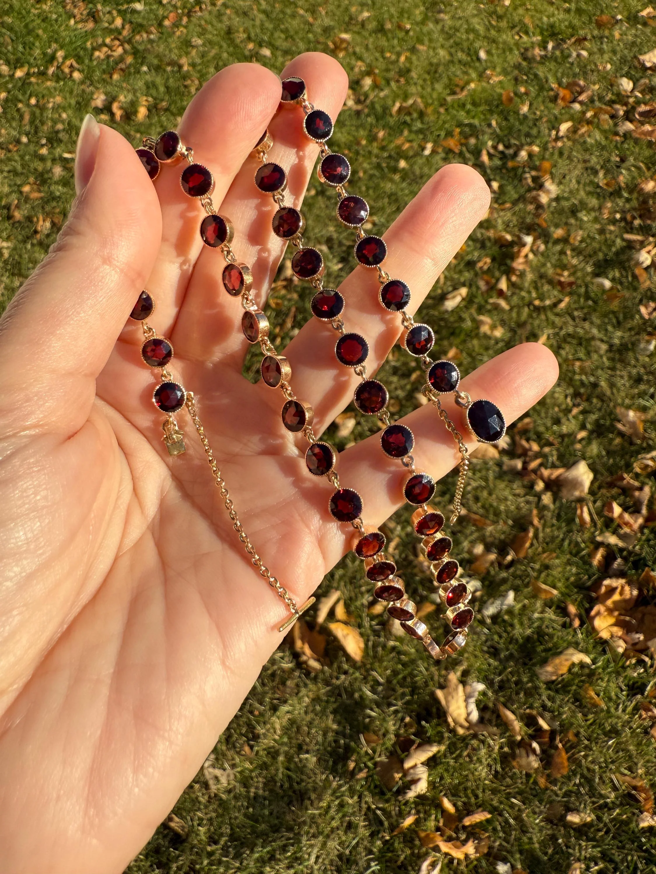 Almandine GARNET 46 Stone Riviera Station Chain 14k GOLD Necklace Vintage to Antique Romantic Gift Neckmess Neckstack Pendant Holder - Image 11