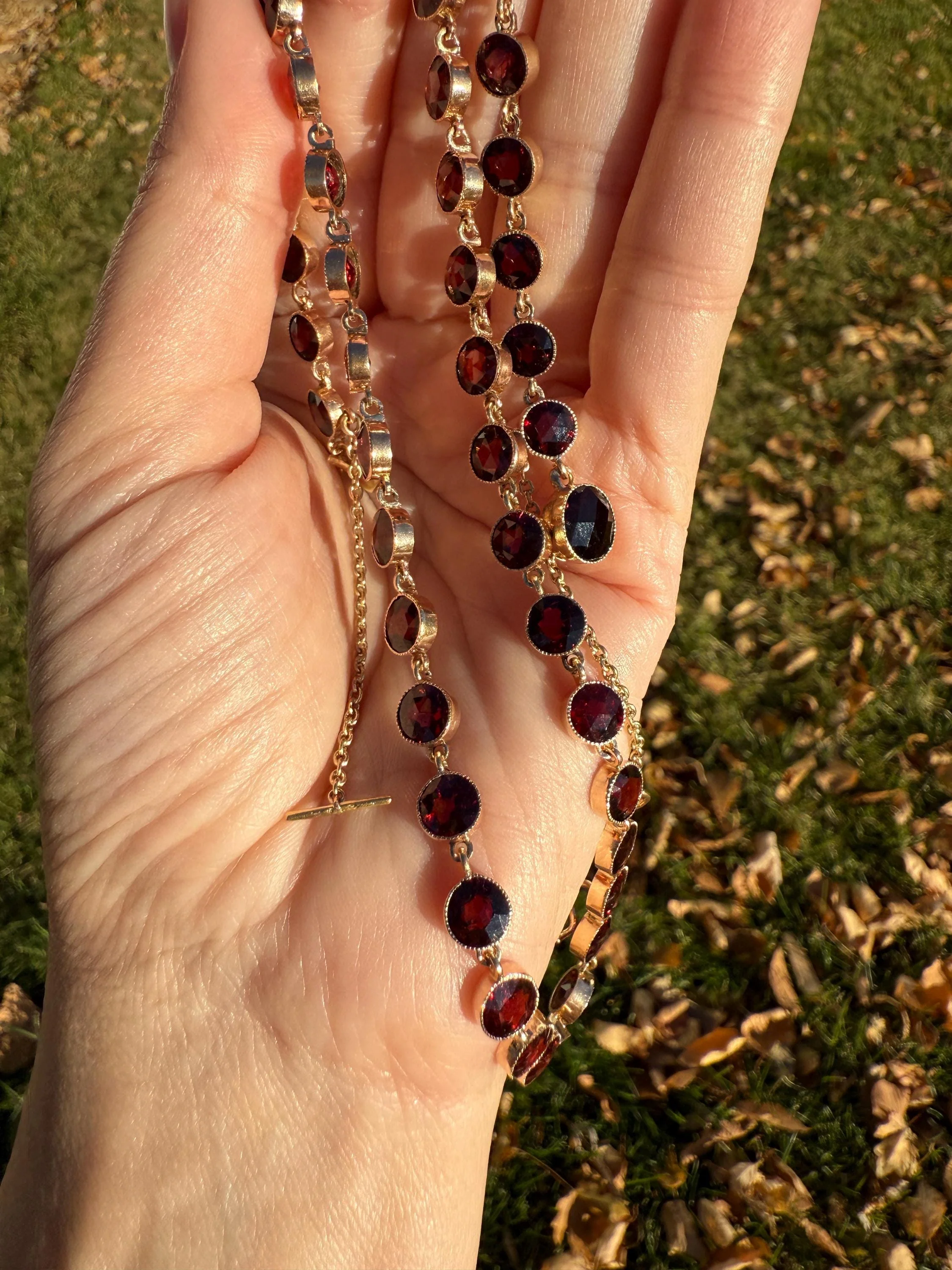Almandine GARNET 46 Stone Riviera Station Chain 14k GOLD Necklace Vintage to Antique Romantic Gift Neckmess Neckstack Pendant Holder - Image 13