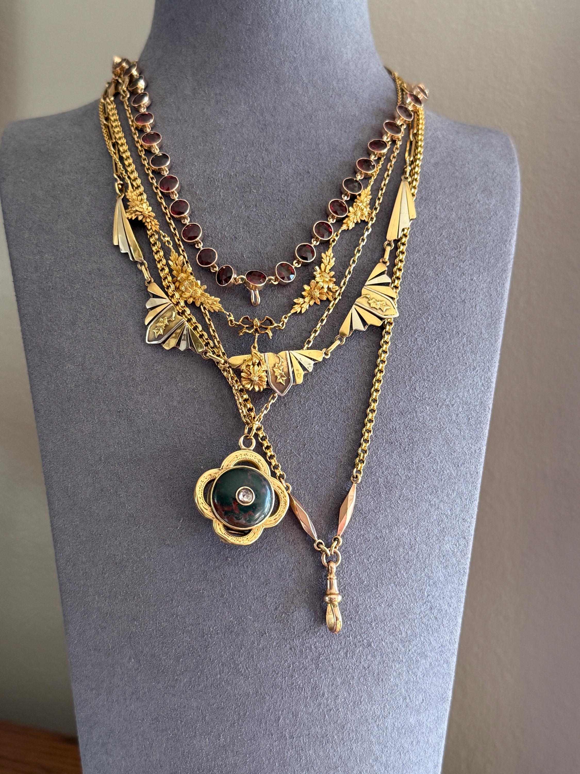 Almandine GARNET 46 Stone Riviera Station Chain 14k GOLD Necklace Vintage to Antique Romantic Gift Neckmess Neckstack Pendant Holder - Image 17