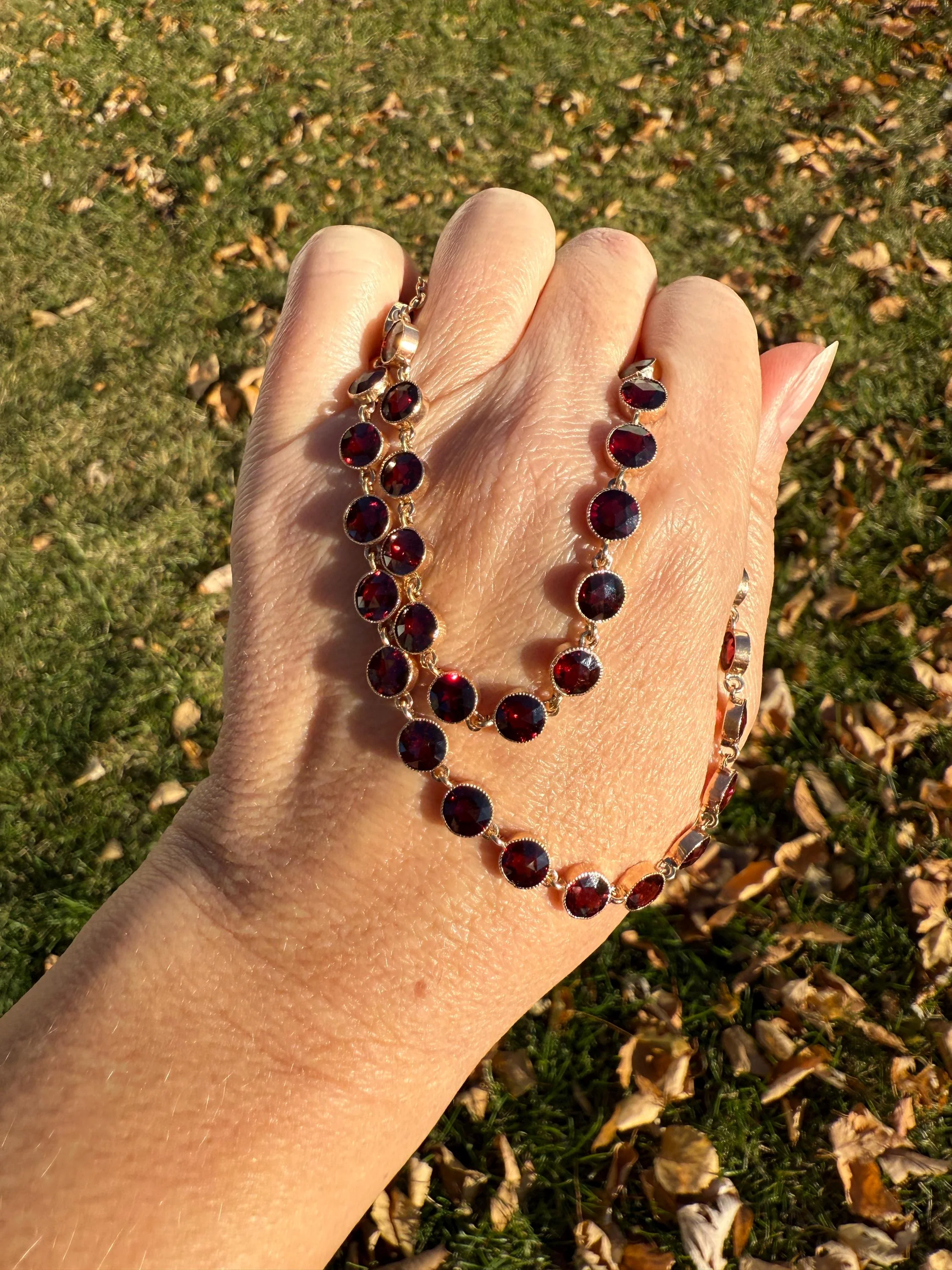 Almandine GARNET 46 Stone Riviera Station Chain 14k GOLD Necklace Vintage to Antique Romantic Gift Neckmess Neckstack Pendant Holder - Image 4