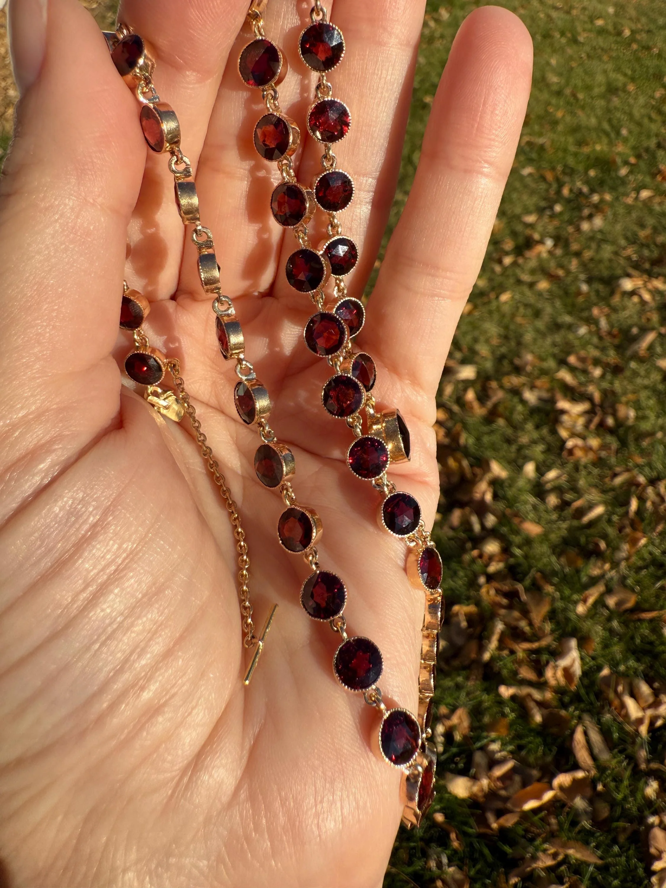 Almandine GARNET 46 Stone Riviera Station Chain 14k GOLD Necklace Vintage to Antique Romantic Gift Neckmess Neckstack Pendant Holder - Image 9