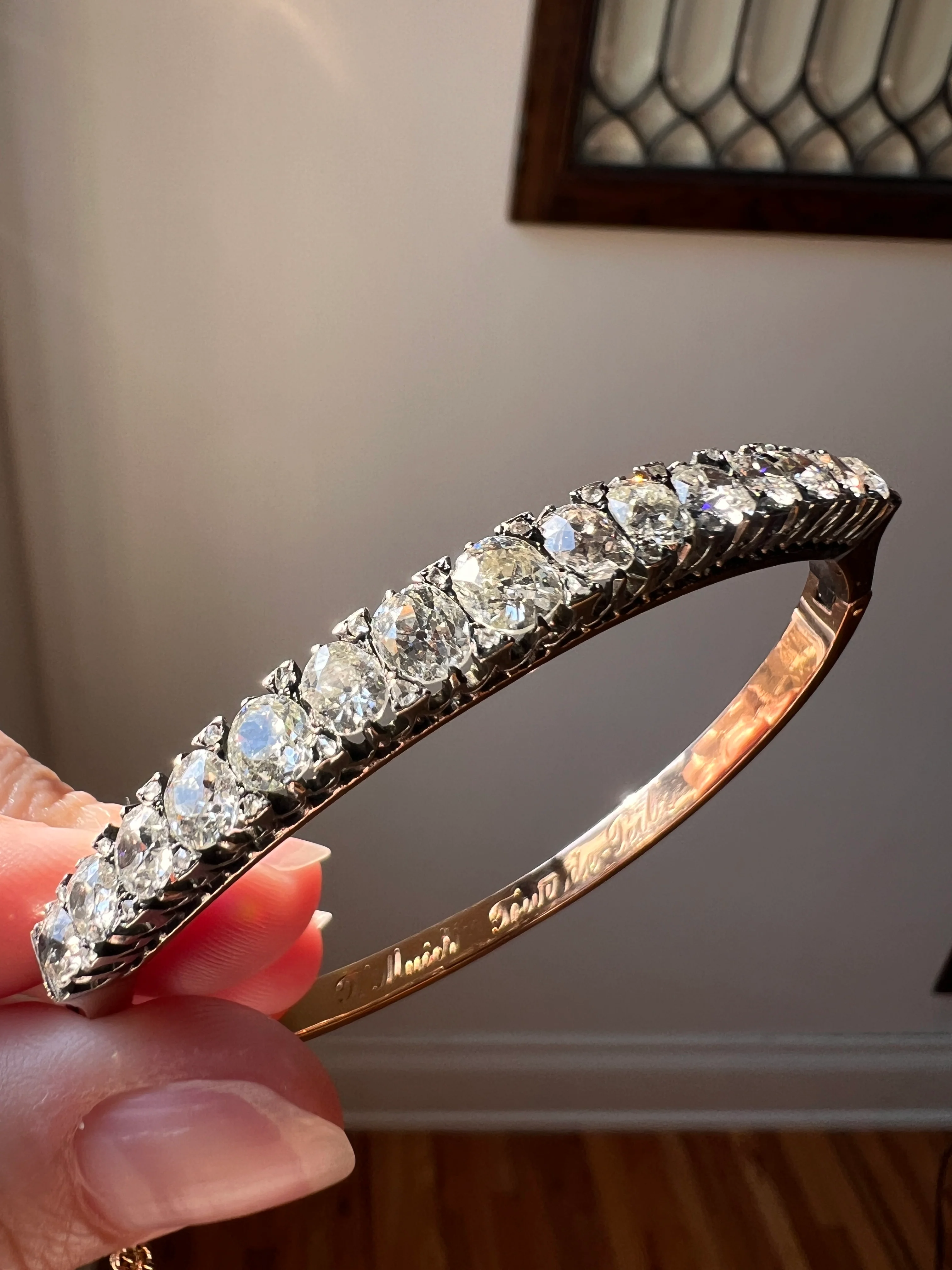 Amazing Antique 6 CARAT Old Mine Cut DIAMOND Encrusted Hinged Bangle Bracelet 18k Gold Rose Cut Spacers Gemset Prong Victorian - Image 13