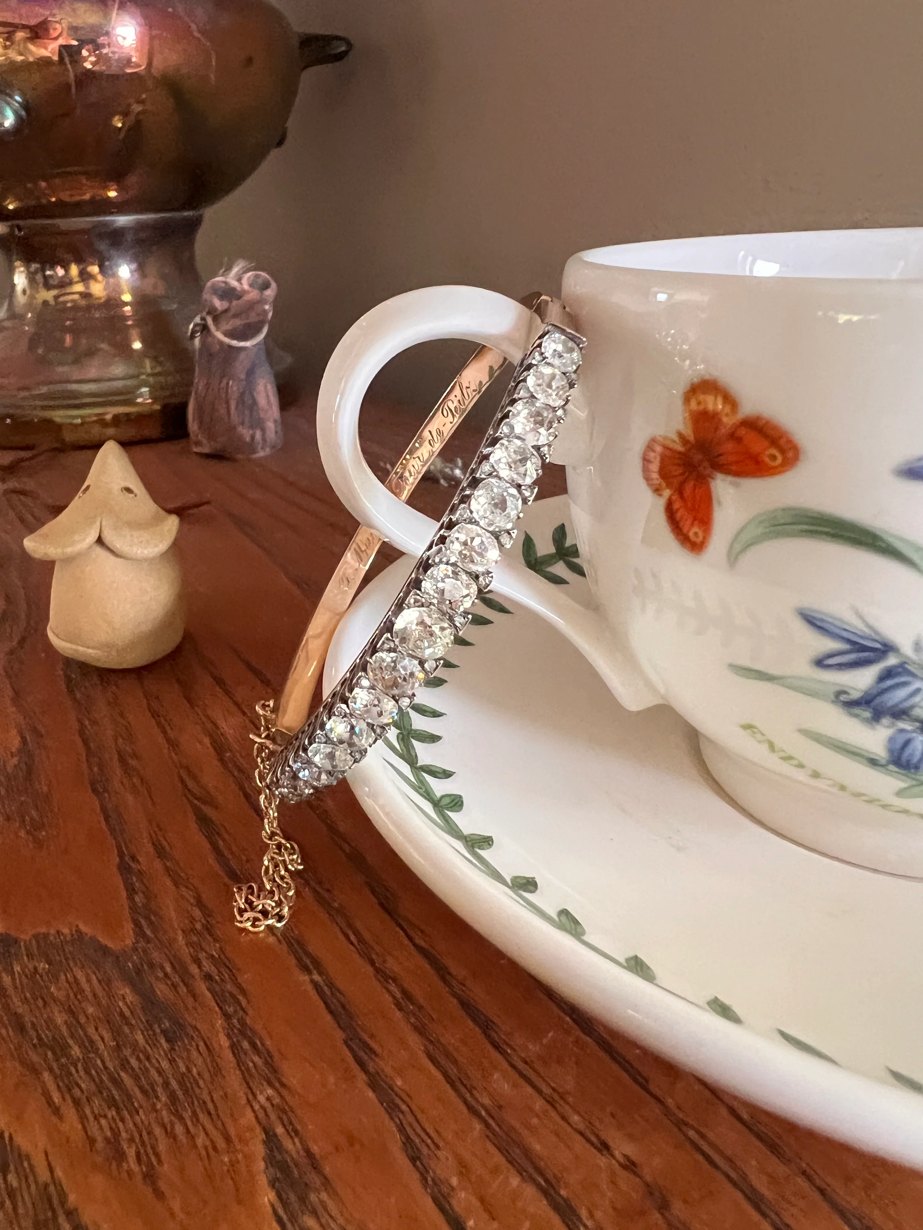 Amazing Antique 6 CARAT Old Mine Cut DIAMOND Encrusted Hinged Bangle Bracelet 18k Gold Rose Cut Spacers Gemset Prong Victorian - Image 15