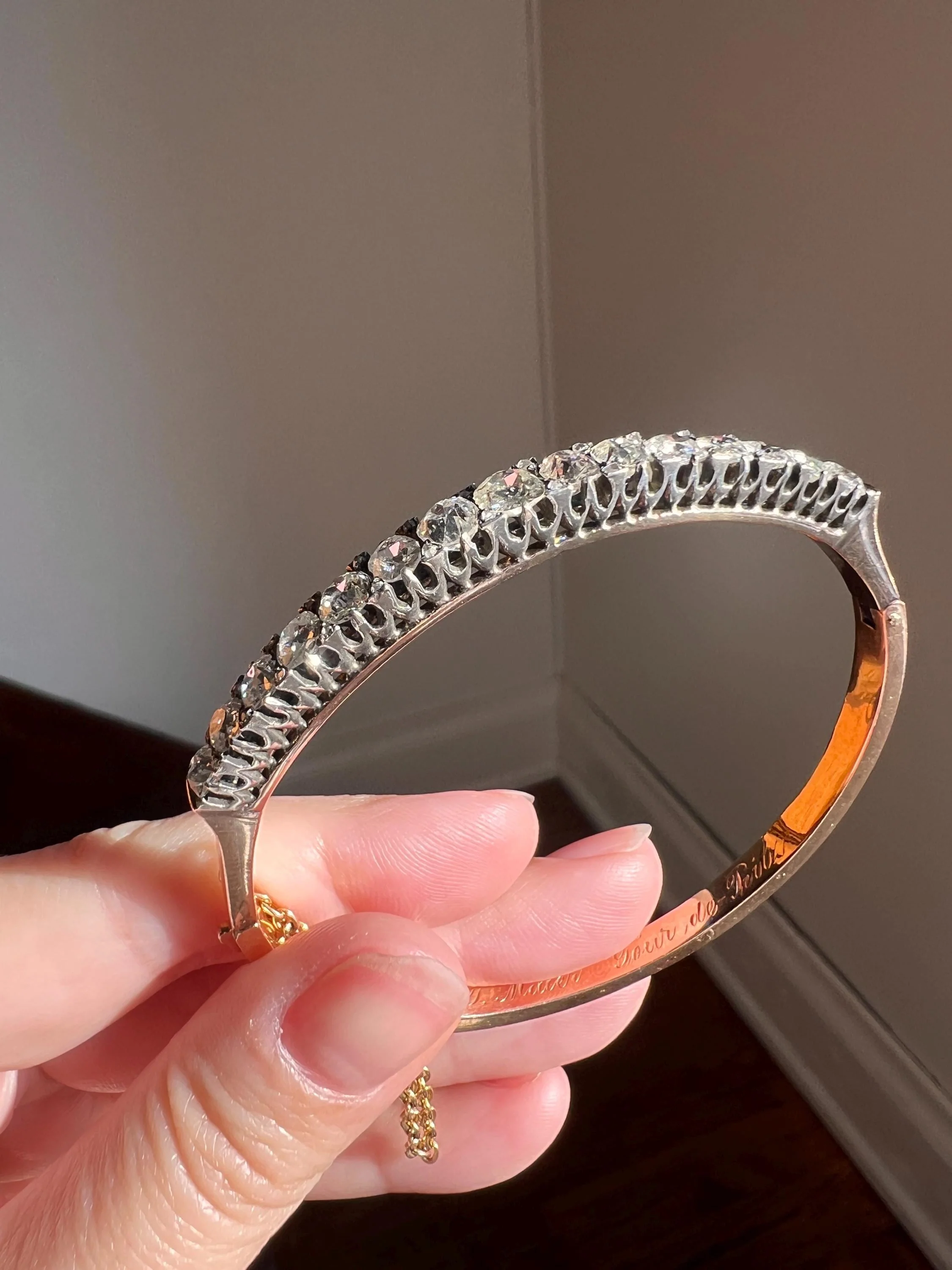 Amazing Antique 6 CARAT Old Mine Cut DIAMOND Encrusted Hinged Bangle Bracelet 18k Gold Rose Cut Spacers Gemset Prong Victorian - Image 5