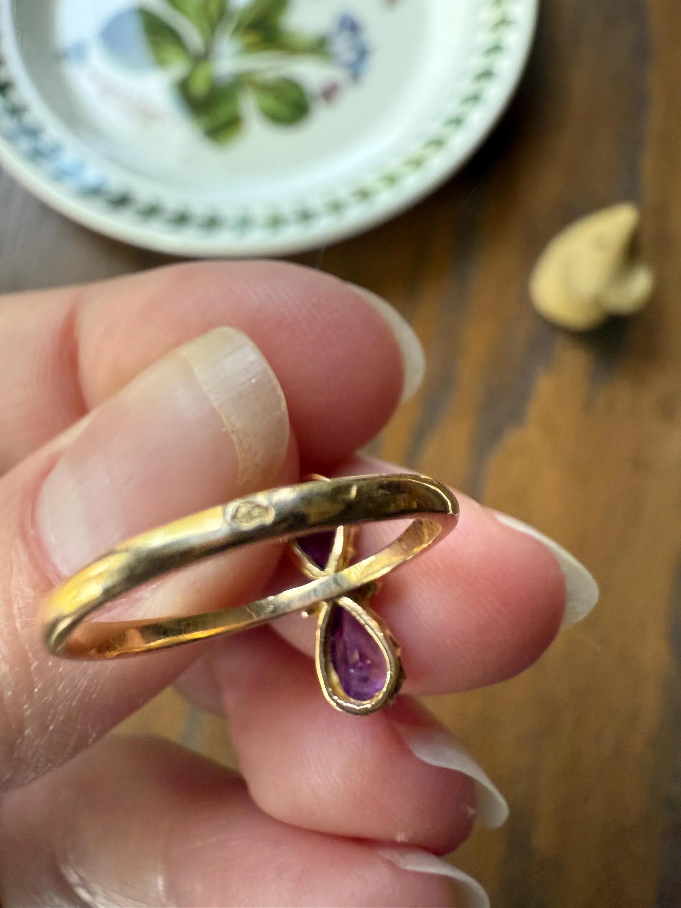 AMETHYST Purple Pear Two Stone Antique Oval Solitaire Ring 18k Gold French Victorian Belle Epoque - Image 10