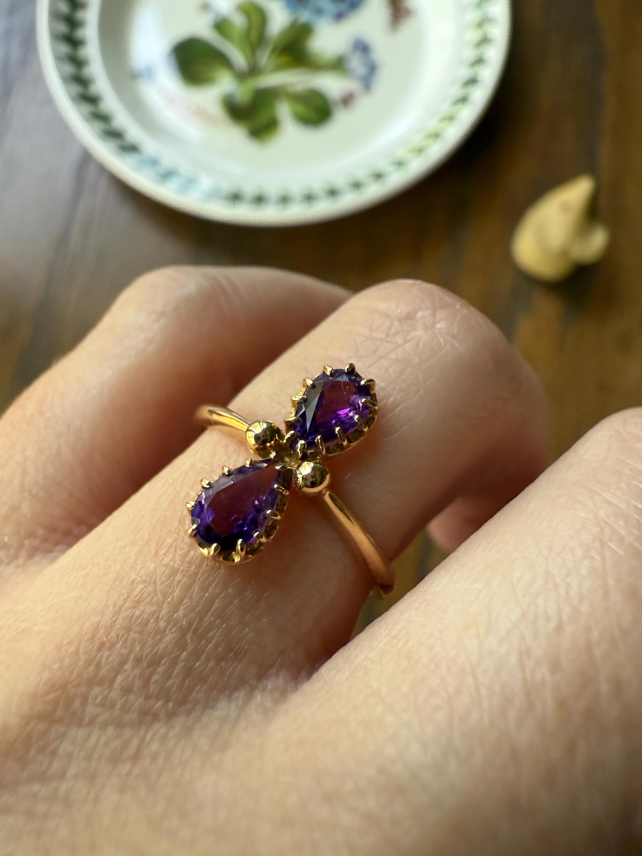 AMETHYST Purple Pear Two Stone Antique Oval Solitaire Ring 18k Gold French Victorian Belle Epoque - Image 2