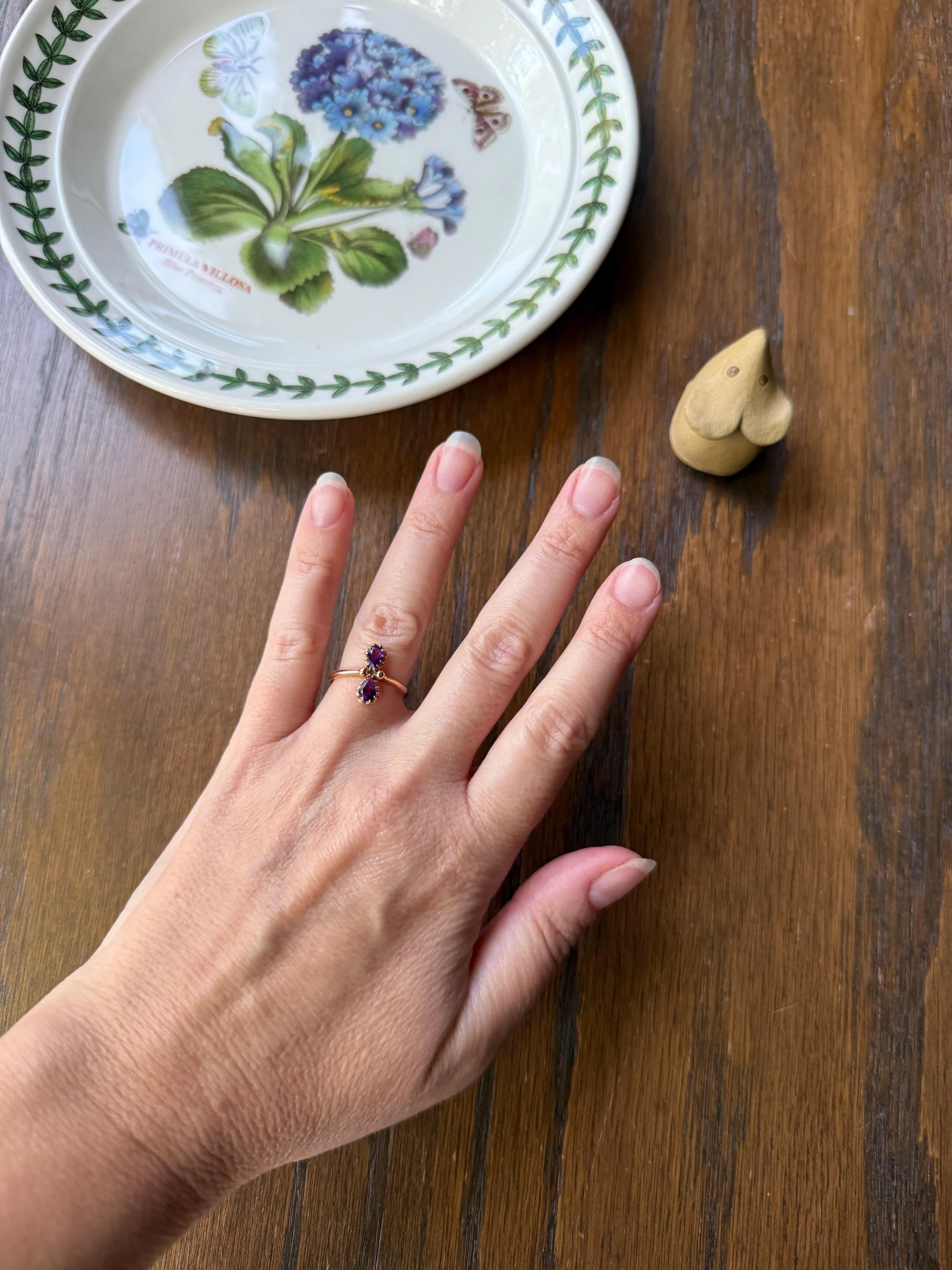 AMETHYST Purple Pear Two Stone Antique Oval Solitaire Ring 18k Gold French Victorian Belle Epoque - Image 3