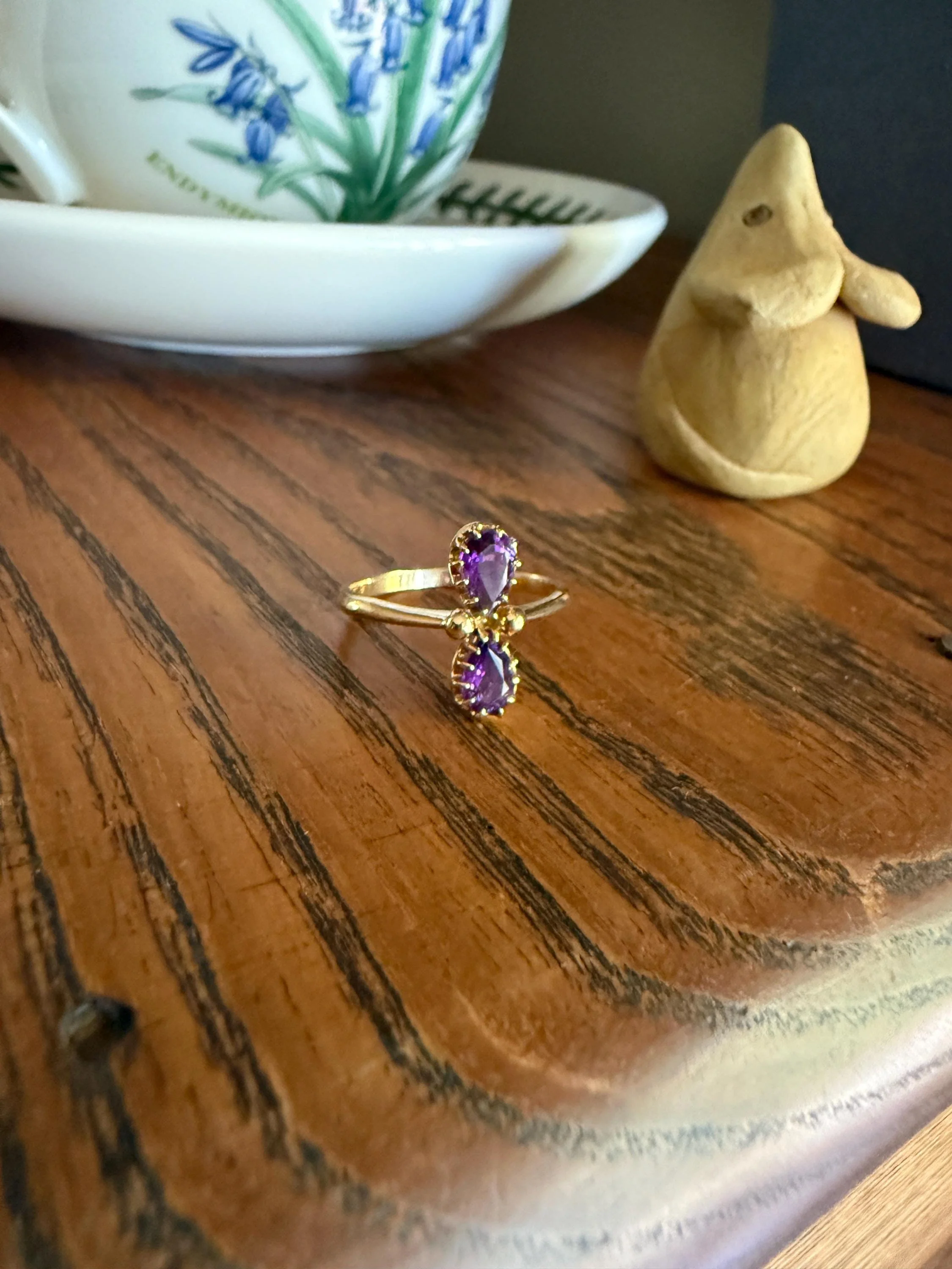 AMETHYST Purple Pear Two Stone Antique Oval Solitaire Ring 18k Gold French Victorian Belle Epoque - Image 4