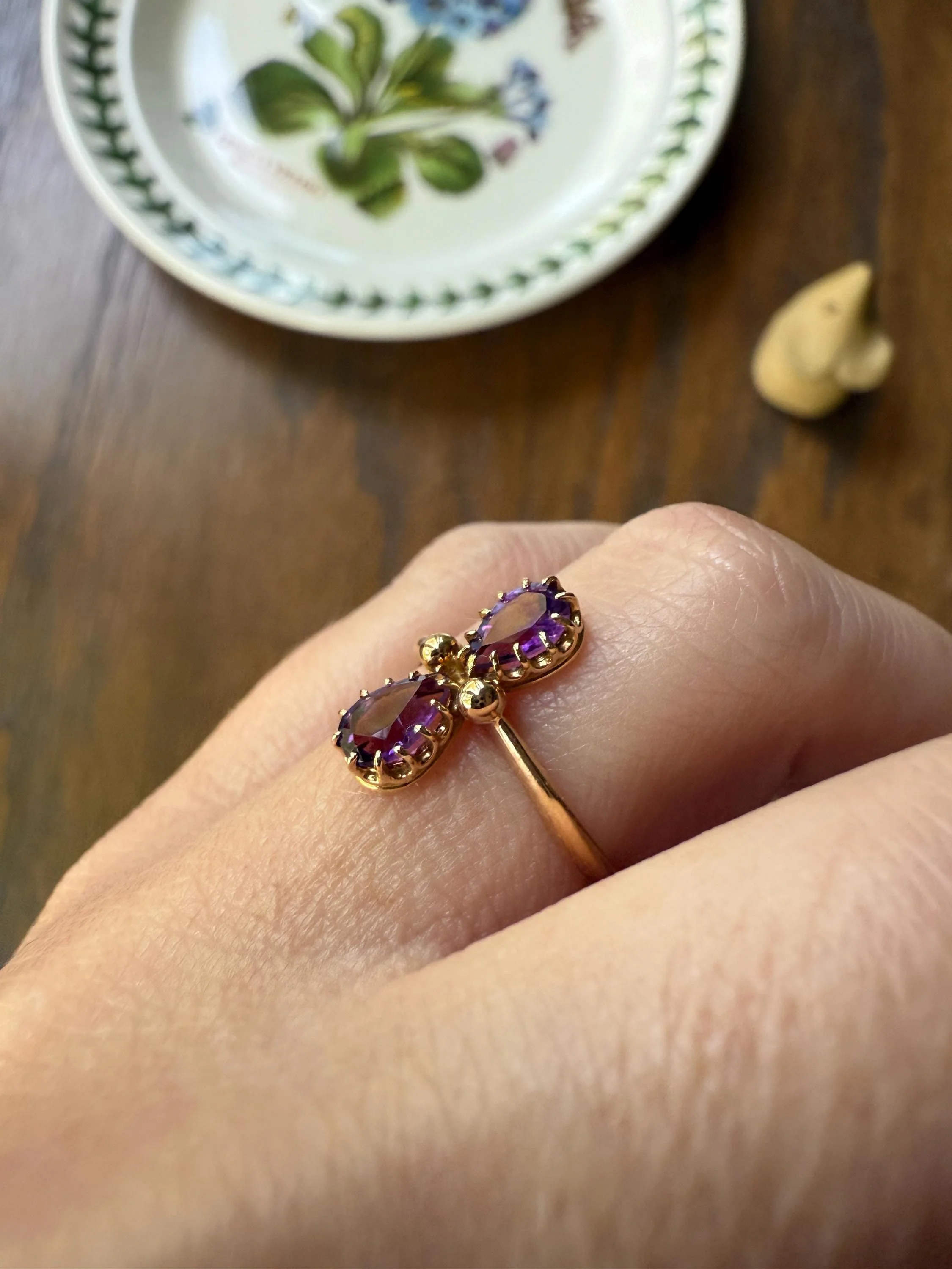 AMETHYST Purple Pear Two Stone Antique Oval Solitaire Ring 18k Gold French Victorian Belle Epoque - Image 5