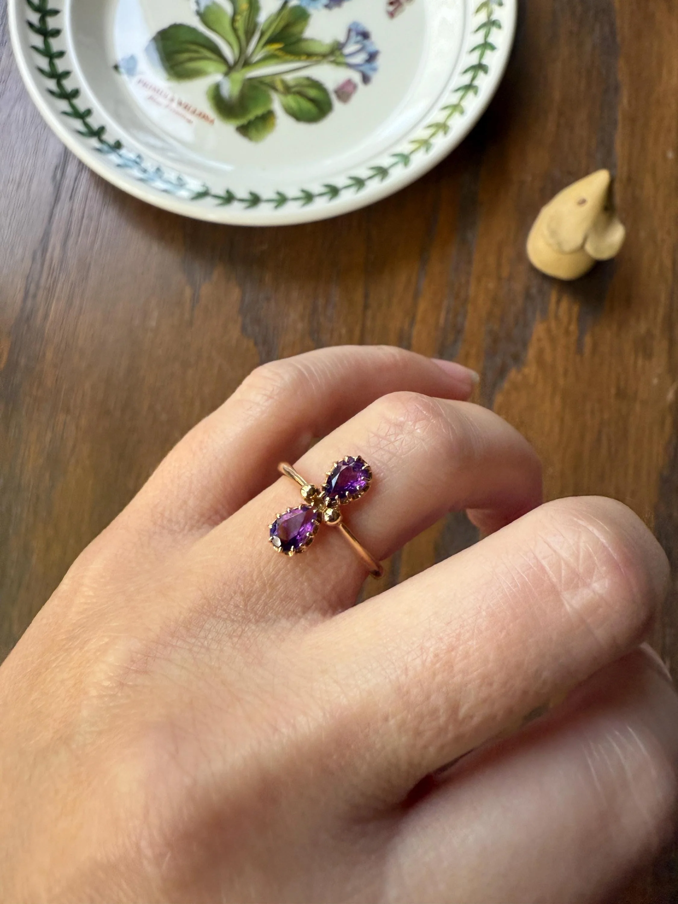 AMETHYST Purple Pear Two Stone Antique Oval Solitaire Ring 18k Gold French Victorian Belle Epoque - Image 6
