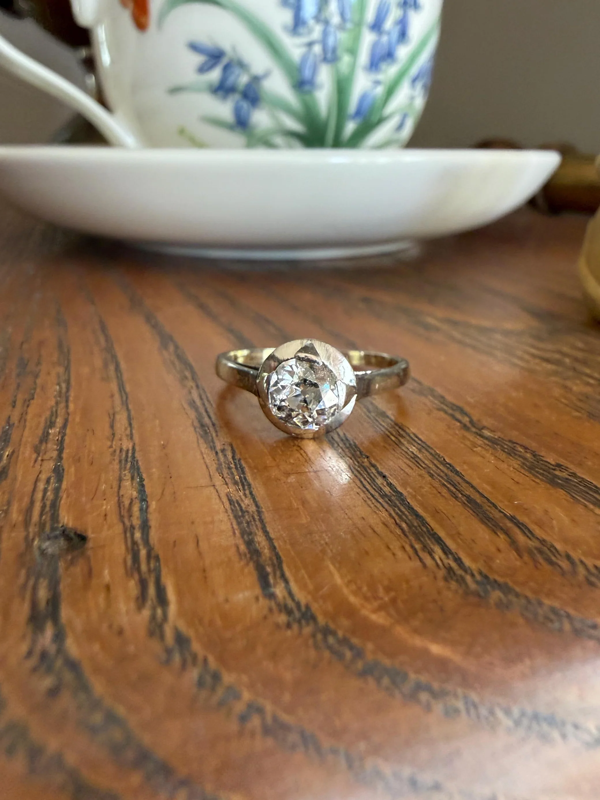 Antique 0.8 Carat Old Mine Cut DIAMOND Ring French 18k White Gold Platinum Halo Solitaire Stacker Band Engagement .8Ctw OMC