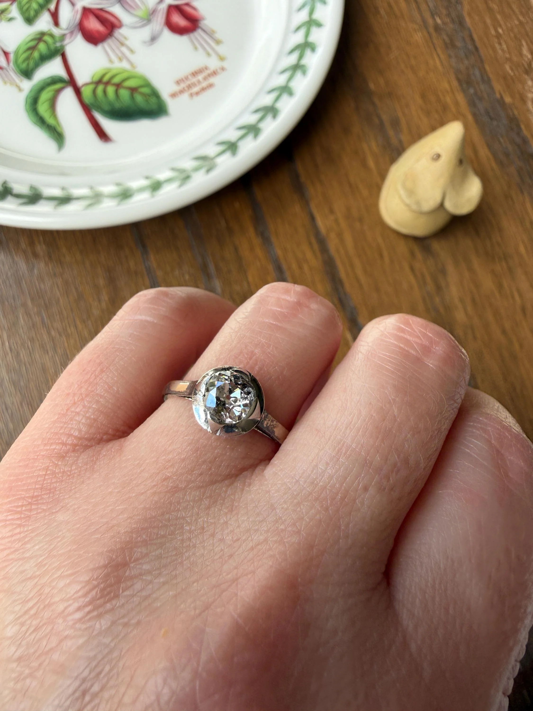 Antique 0.8 Carat Old Mine Cut DIAMOND Ring French 18k White Gold Platinum Halo Solitaire Stacker Band Engagement .8Ctw OMC - Image 3