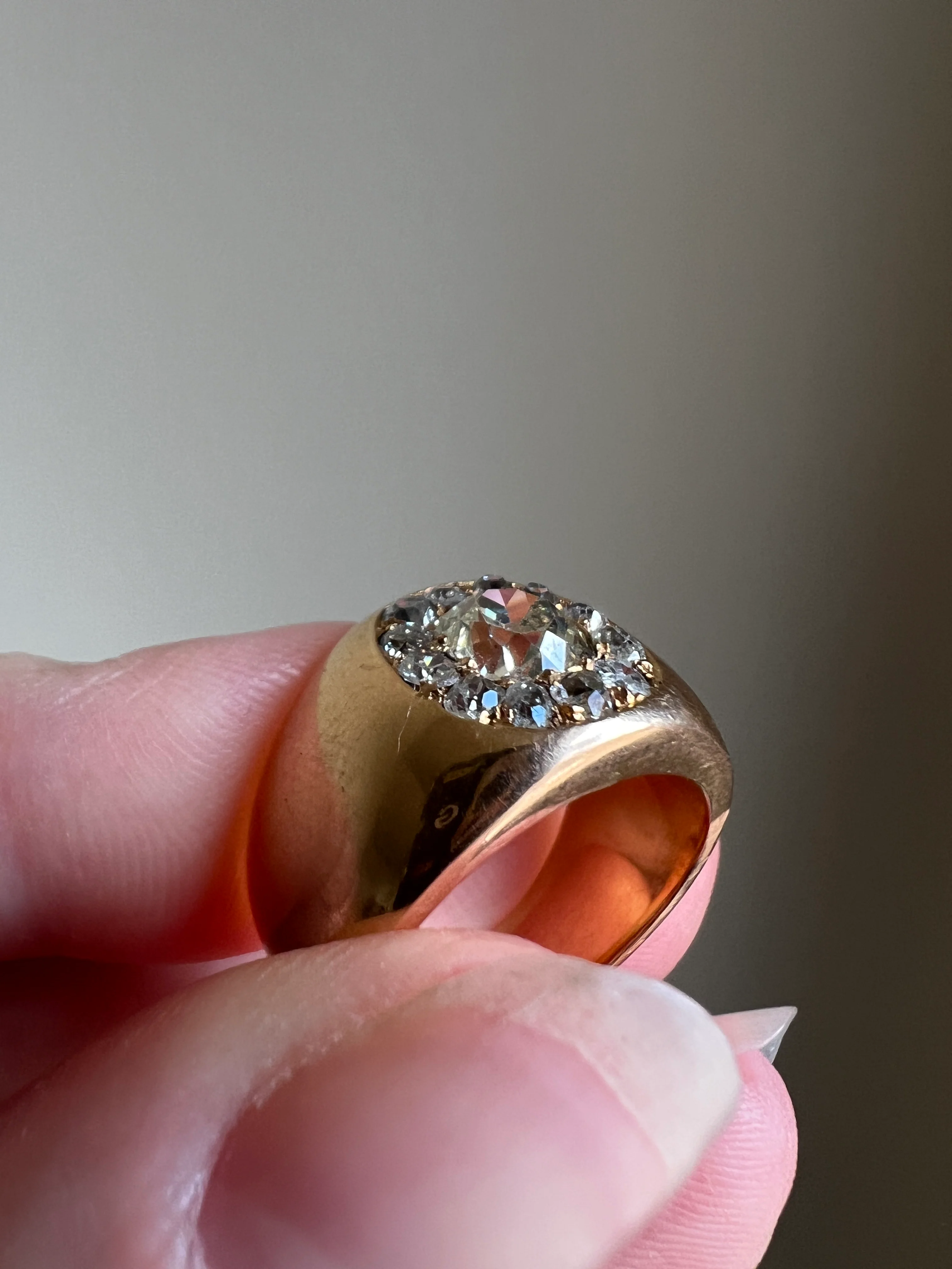 ANTIQUE 1 1/4 Carat Eye Clean Old Mine Cut DIAMONDS Chunky 18k Gold 12mm Wide Cigar Band Cluster Halo Ring French Cobblestone - Image 13