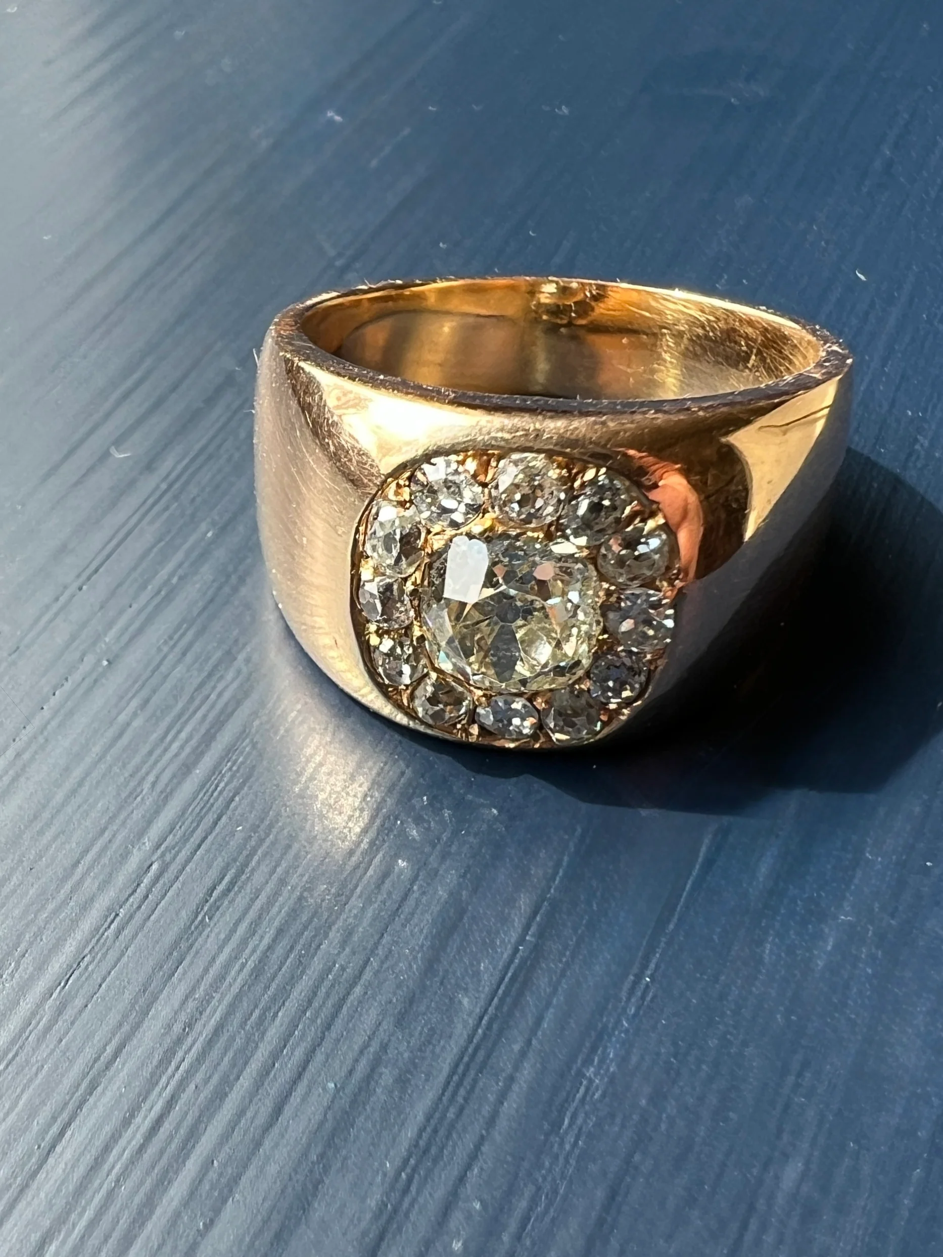 ANTIQUE 1 1/4 Carat Eye Clean Old Mine Cut DIAMONDS Chunky 18k Gold 12mm Wide Cigar Band Cluster Halo Ring French Cobblestone - Image 17