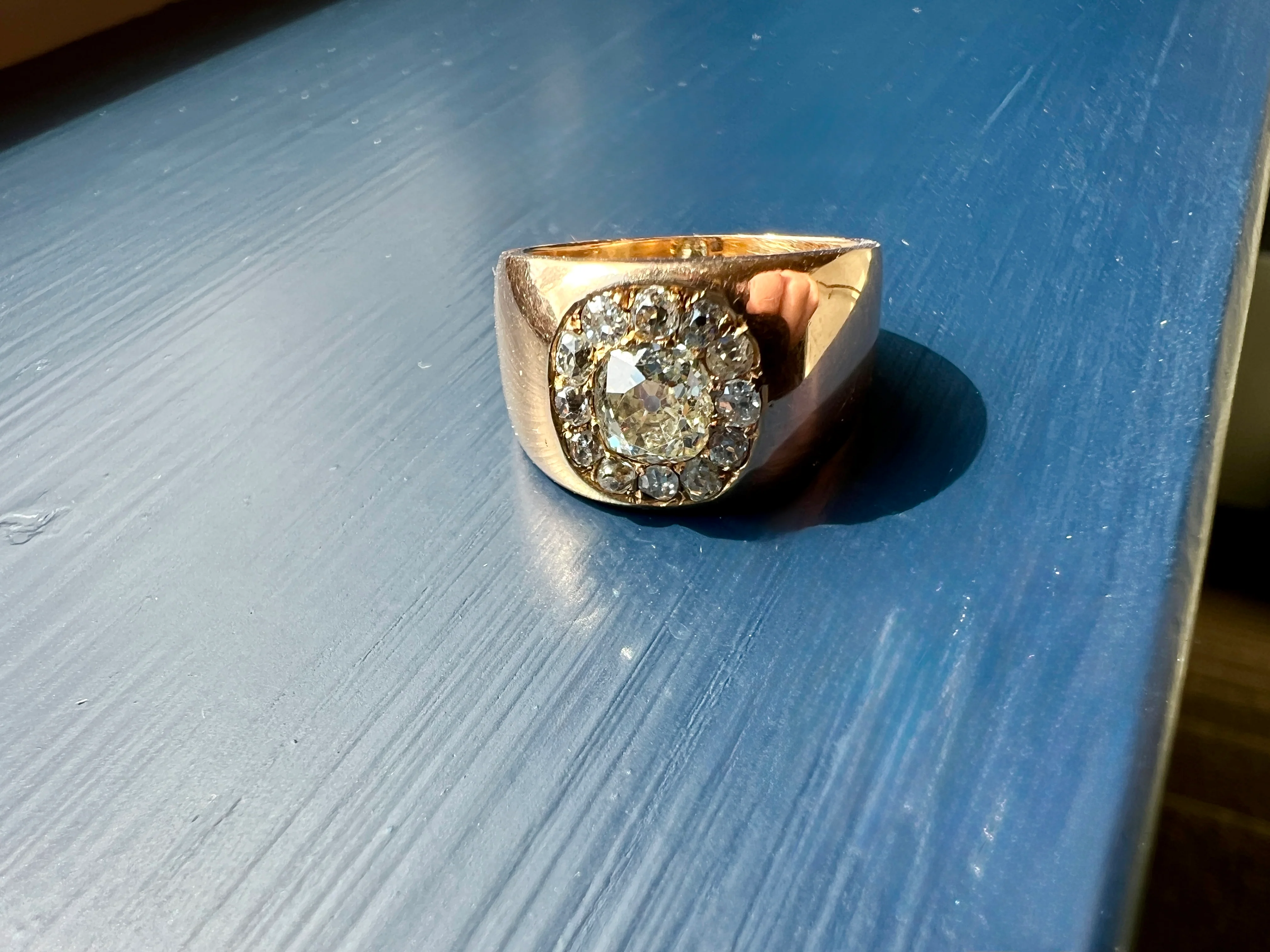ANTIQUE 1 1/4 Carat Eye Clean Old Mine Cut DIAMONDS Chunky 18k Gold 12mm Wide Cigar Band Cluster Halo Ring French Cobblestone - Image 22