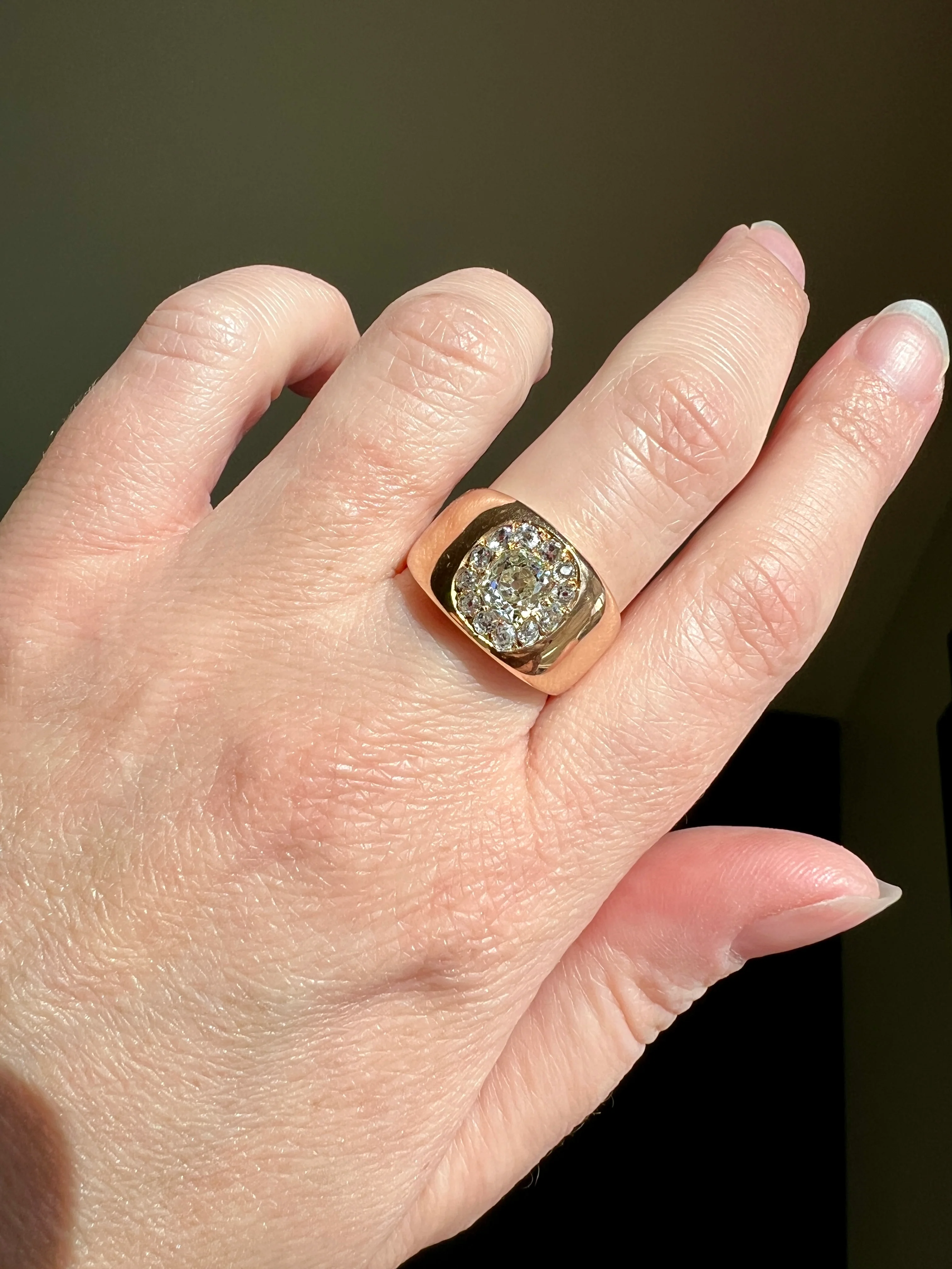 ANTIQUE 1 1/4 Carat Eye Clean Old Mine Cut DIAMONDS Chunky 18k Gold 12mm Wide Cigar Band Cluster Halo Ring French Cobblestone - Image 24