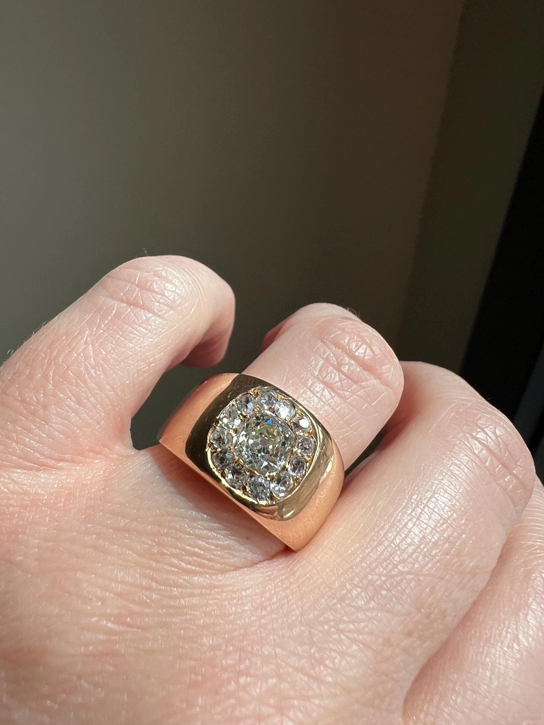 ANTIQUE 1 1/4 Carat Eye Clean Old Mine Cut DIAMONDS Chunky 18k Gold 12mm Wide Cigar Band Cluster Halo Ring French Cobblestone - Image 3