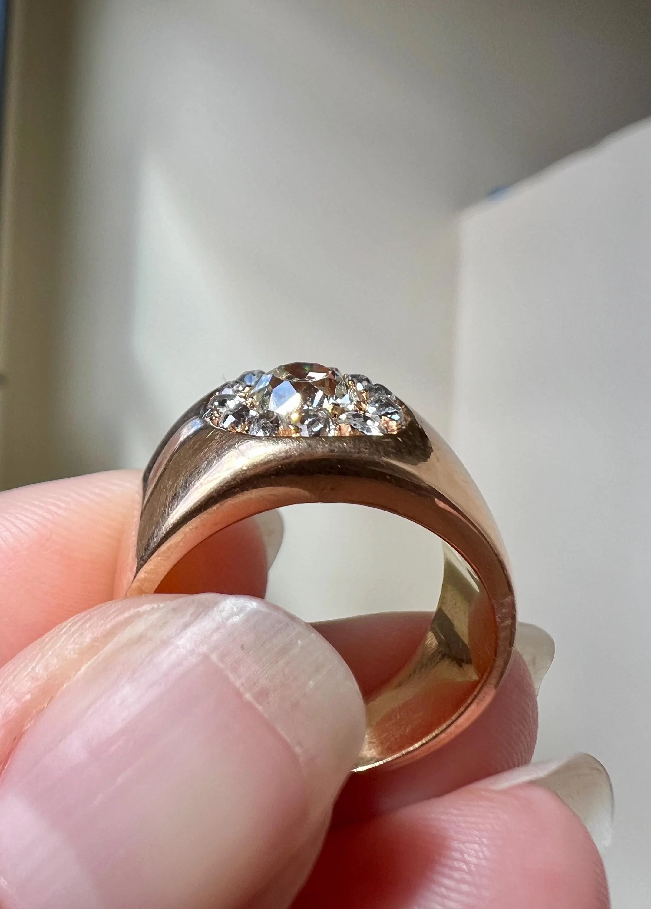 ANTIQUE 1 1/4 Carat Eye Clean Old Mine Cut DIAMONDS Chunky 18k Gold 12mm Wide Cigar Band Cluster Halo Ring French Cobblestone - Image 4