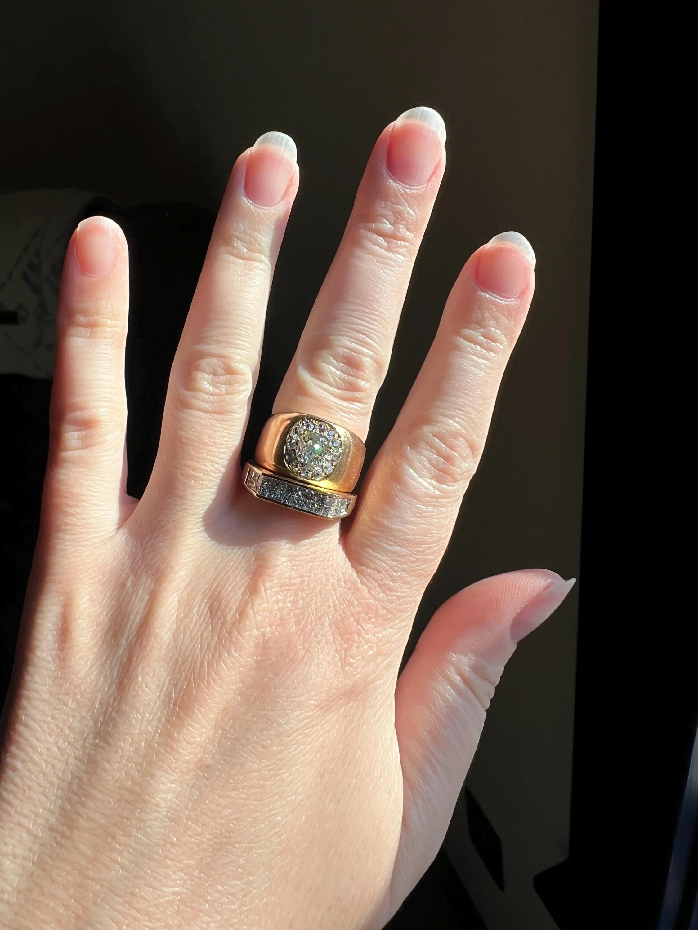 ANTIQUE 1 1/4 Carat Eye Clean Old Mine Cut DIAMONDS Chunky 18k Gold 12mm Wide Cigar Band Cluster Halo Ring French Cobblestone - Image 8