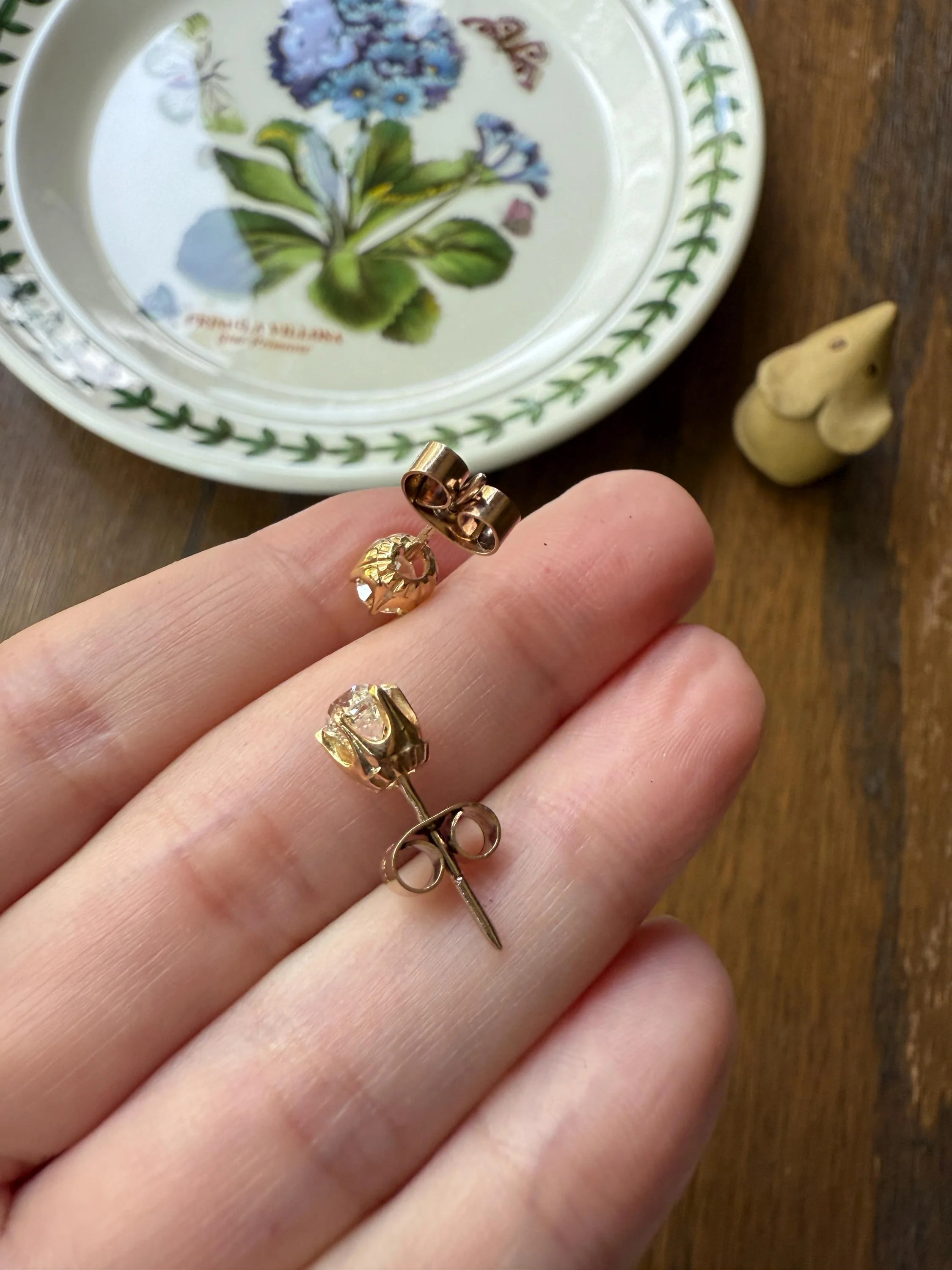 Antique 1 Carat 1Ctw. Cushion Cut Old Mine Cut DIAMOND Stud Earrings 18k GOLD Setting 9k Backs - Image 10