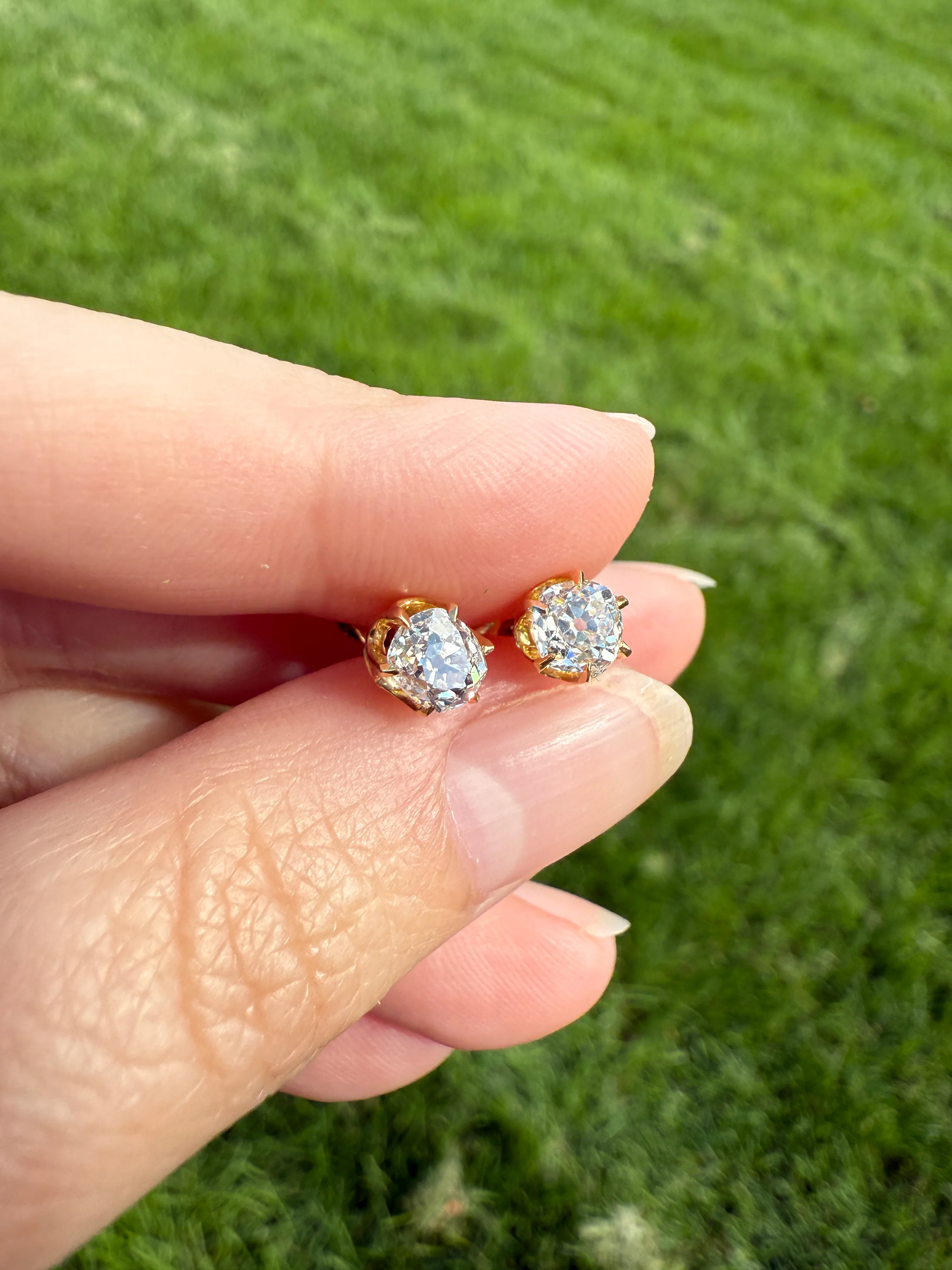 Antique 1 Carat 1Ctw. Cushion Cut Old Mine Cut DIAMOND Stud Earrings 18k GOLD Setting 9k Backs - Image 11