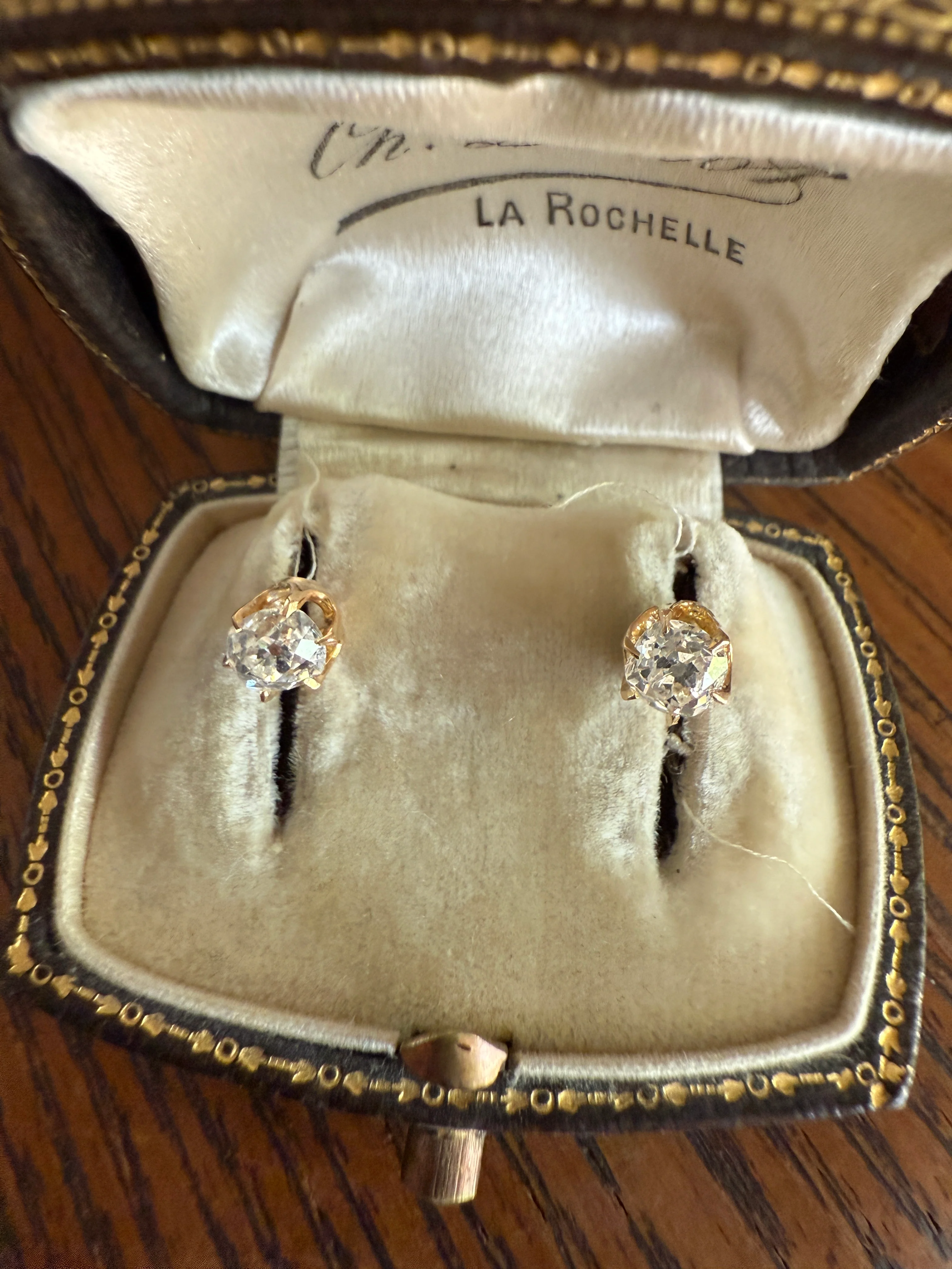 Antique 1 Carat 1Ctw. Cushion Cut Old Mine Cut DIAMOND Stud Earrings 18k GOLD Setting 9k Backs - Image 14