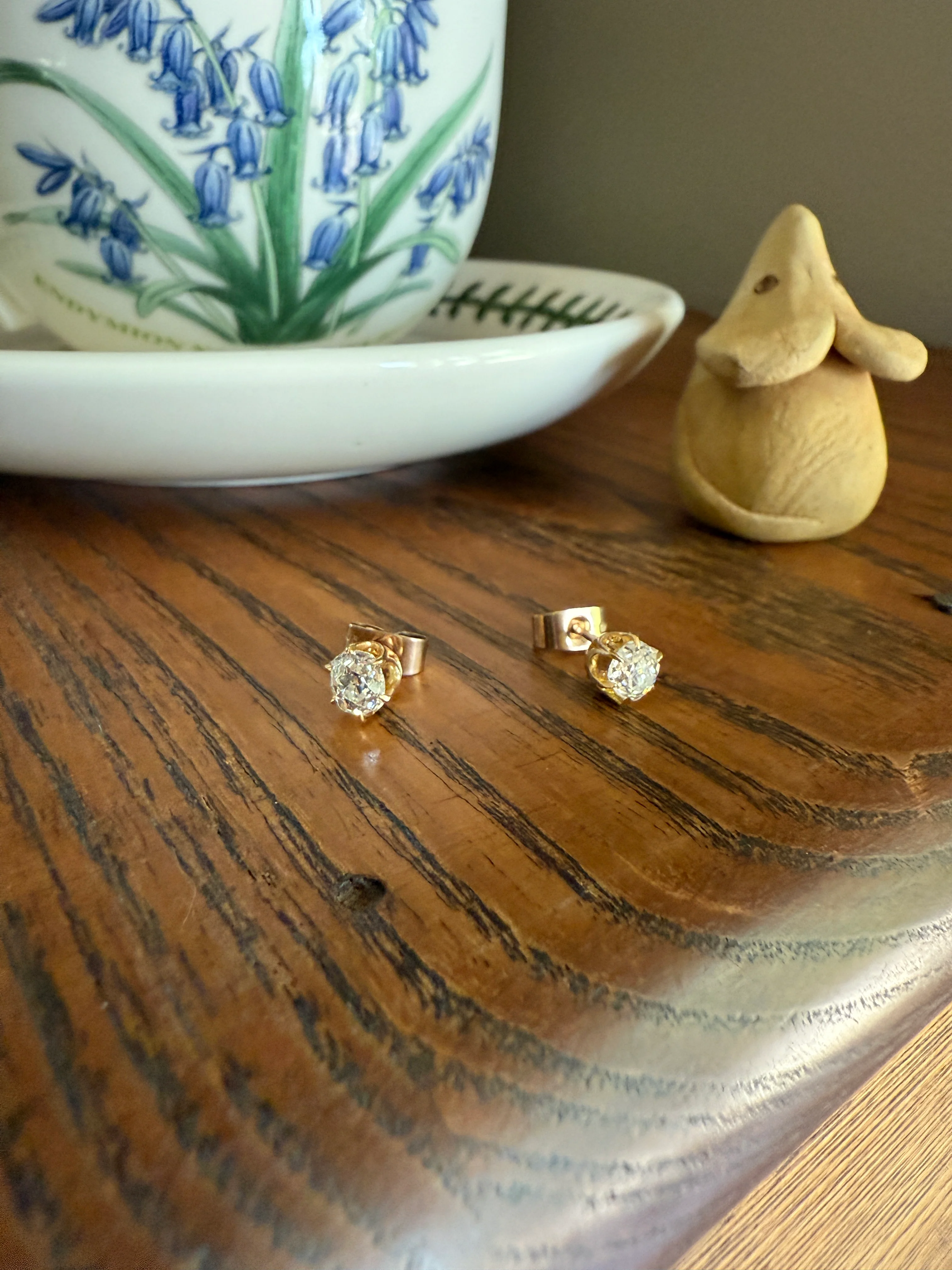 Antique 1 Carat 1Ctw. Cushion Cut Old Mine Cut DIAMOND Stud Earrings 18k GOLD Setting 9k Backs - Image 15