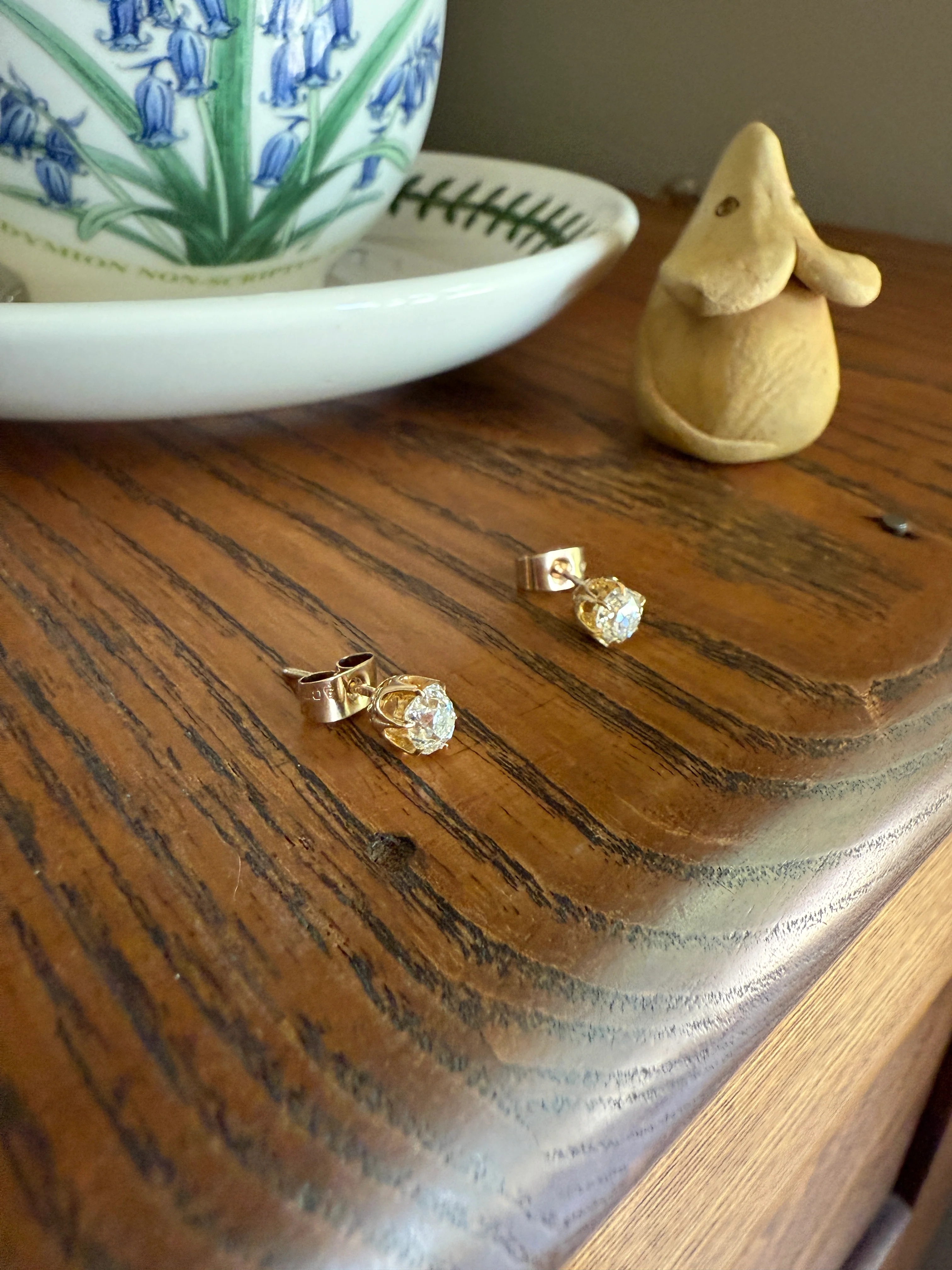 Antique 1 Carat 1Ctw. Cushion Cut Old Mine Cut DIAMOND Stud Earrings 18k GOLD Setting 9k Backs - Image 16