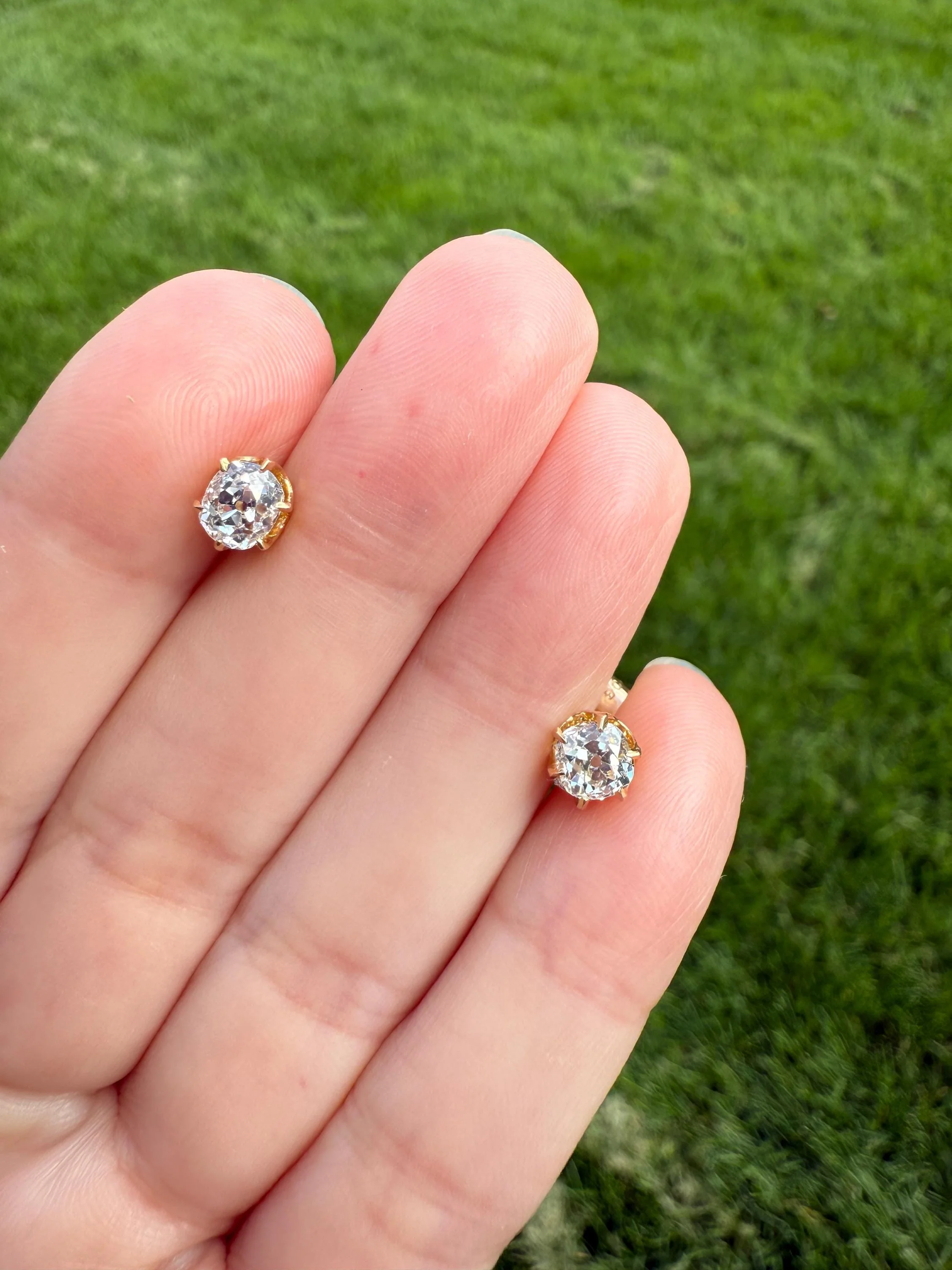 Antique 1 Carat 1Ctw. Cushion Cut Old Mine Cut DIAMOND Stud Earrings 18k GOLD Setting 9k Backs - Image 5