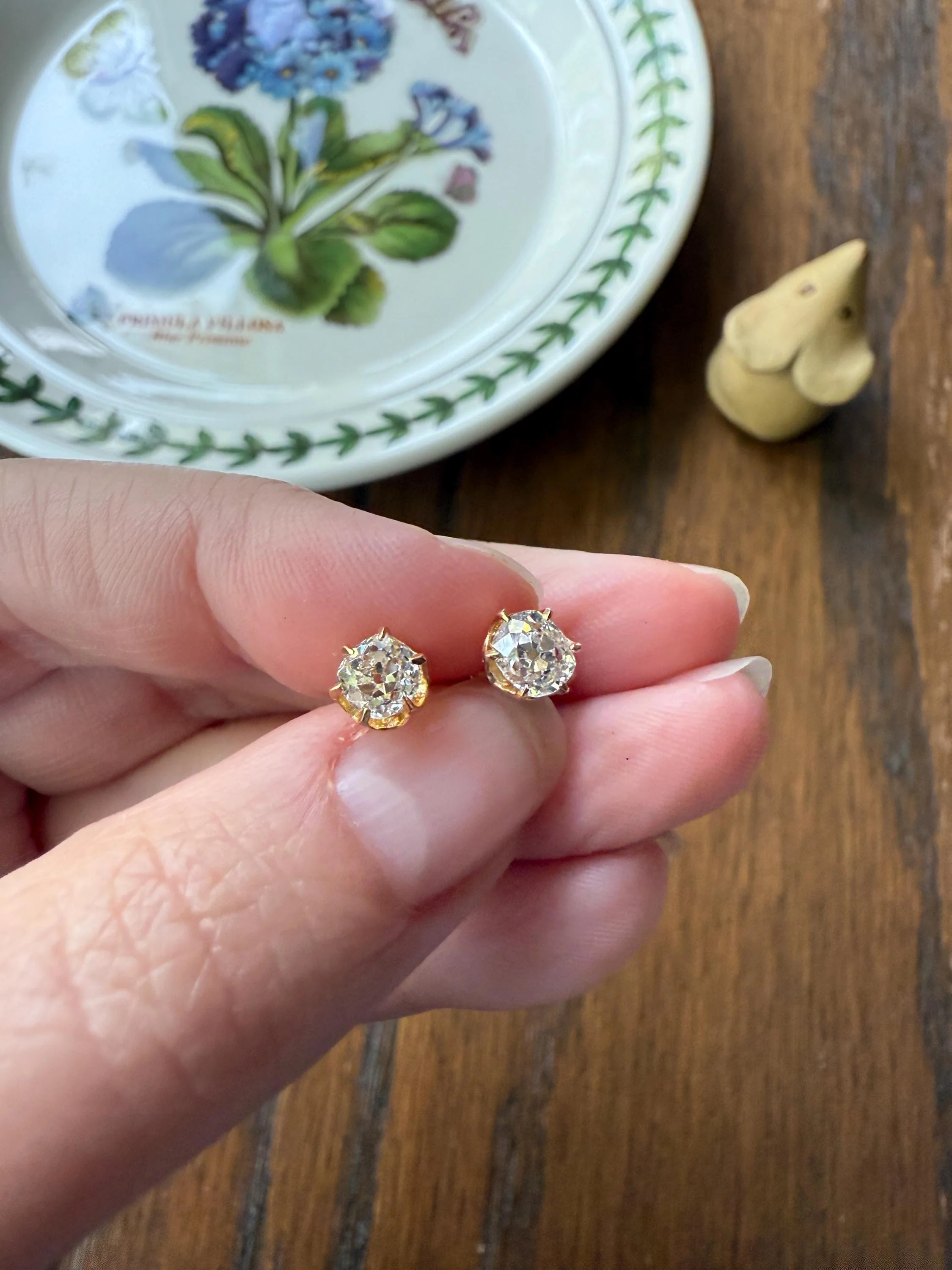 Antique 1 Carat 1Ctw. Cushion Cut Old Mine Cut DIAMOND Stud Earrings 18k GOLD Setting 9k Backs - Image 7
