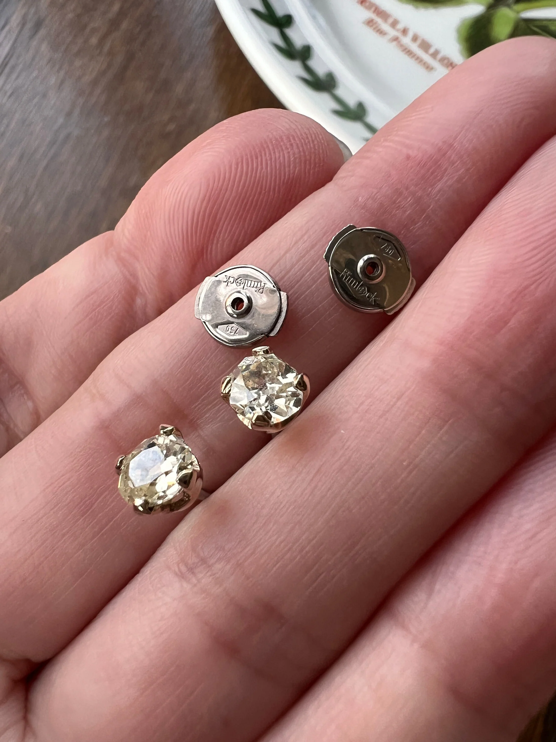 Antique 1 Carat 1Ctw. OVAL Light Yellow Cape Color Old Mine Cut DIAMOND Stud Earrings w/ Certificate 18k White GOLD - Image 10