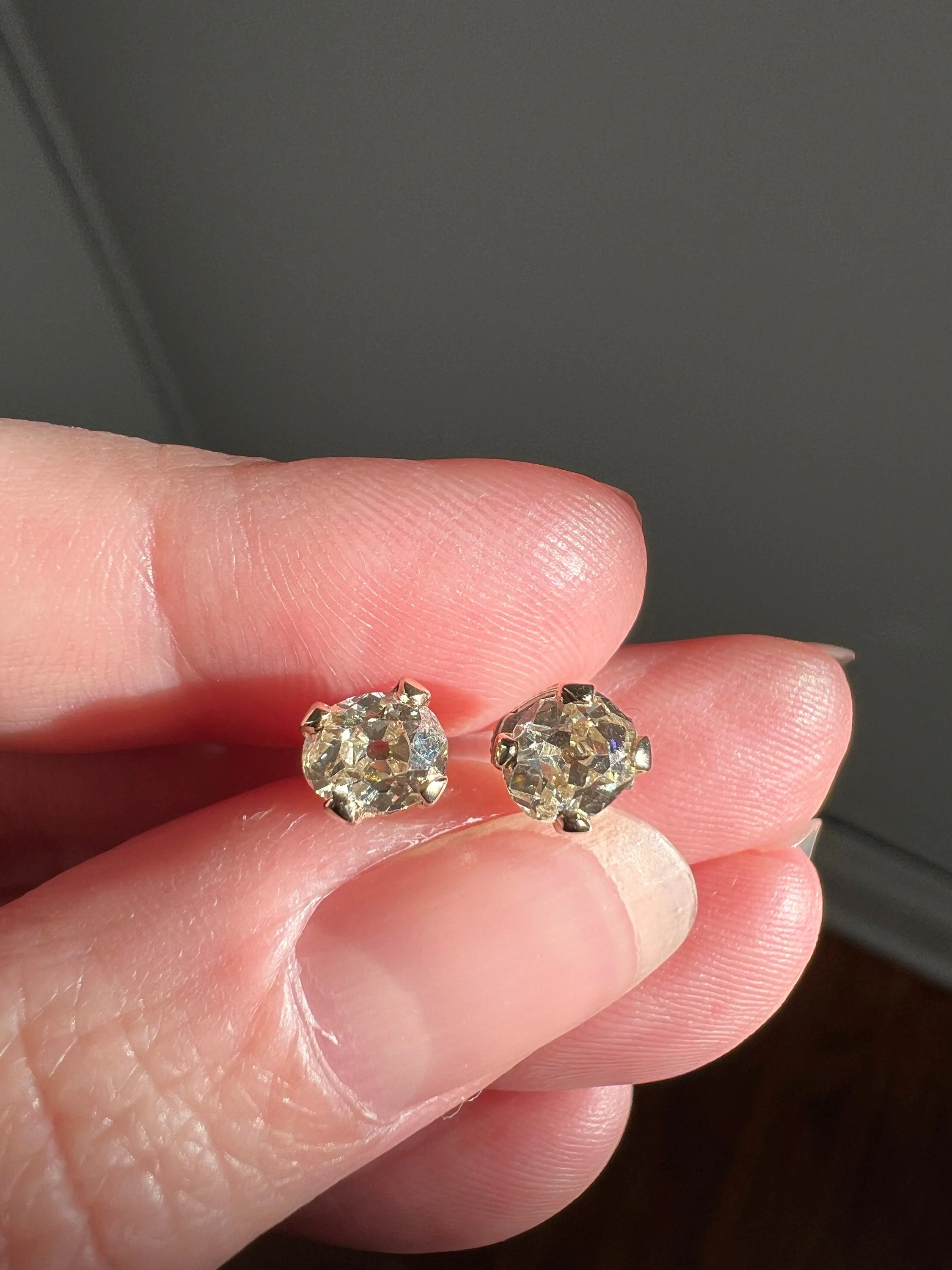 Antique 1 Carat 1Ctw. OVAL Light Yellow Cape Color Old Mine Cut DIAMOND Stud Earrings w/ Certificate 18k White GOLD - Image 2