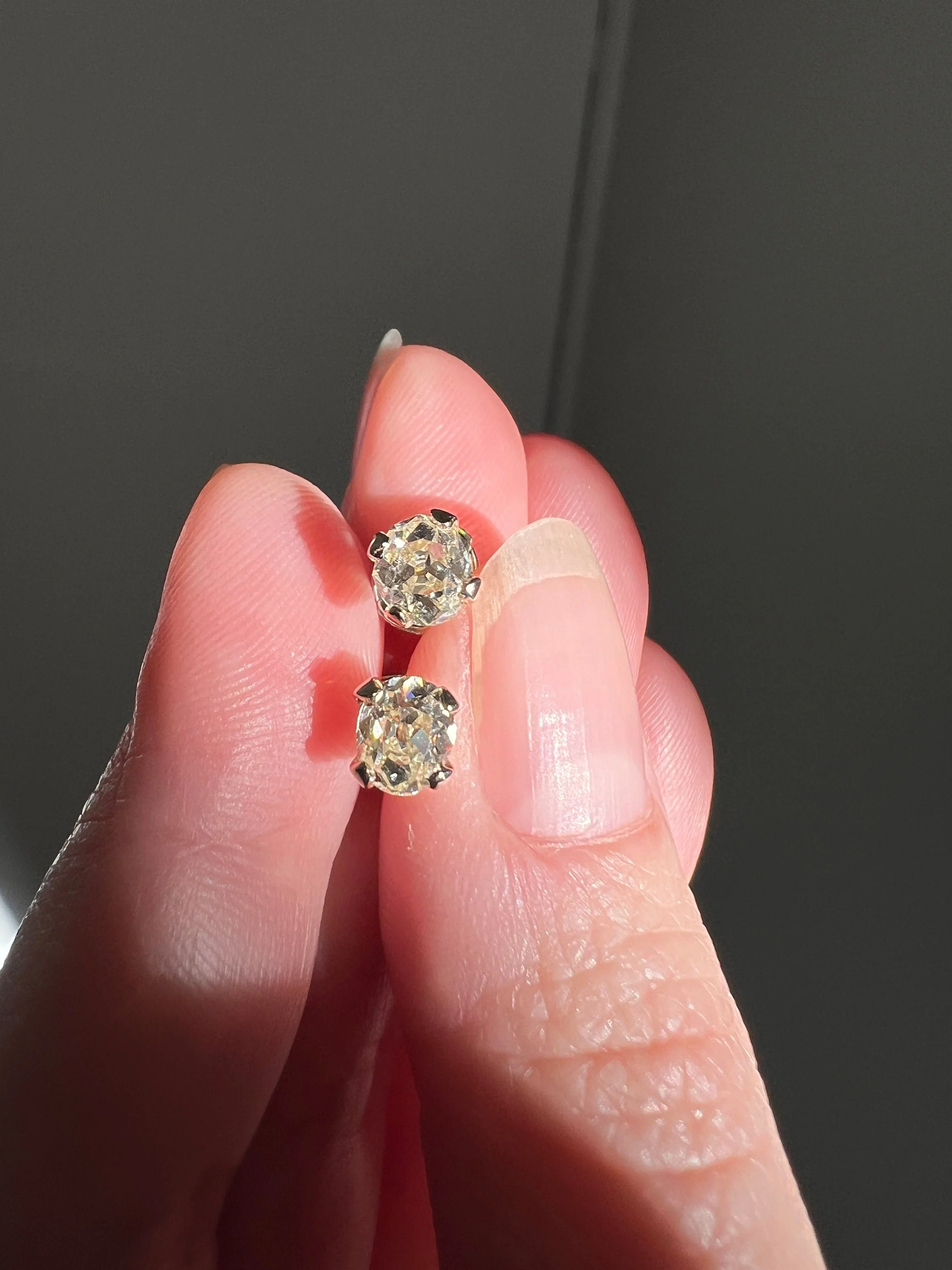 Antique 1 Carat 1Ctw. OVAL Light Yellow Cape Color Old Mine Cut DIAMOND Stud Earrings w/ Certificate 18k White GOLD - Image 4