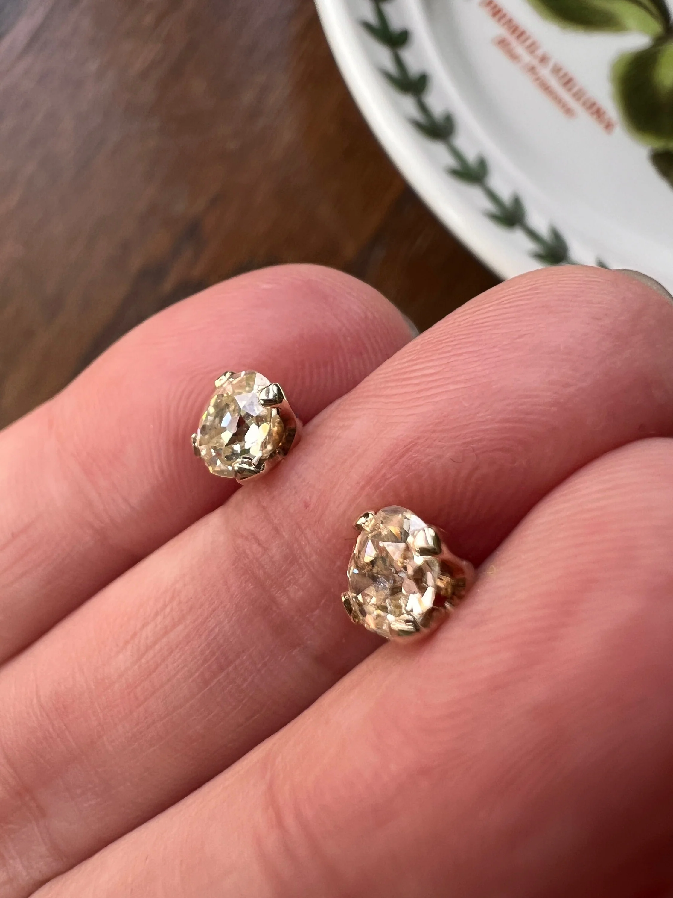 Antique 1 Carat 1Ctw. OVAL Light Yellow Cape Color Old Mine Cut DIAMOND Stud Earrings w/ Certificate 18k White GOLD - Image 7