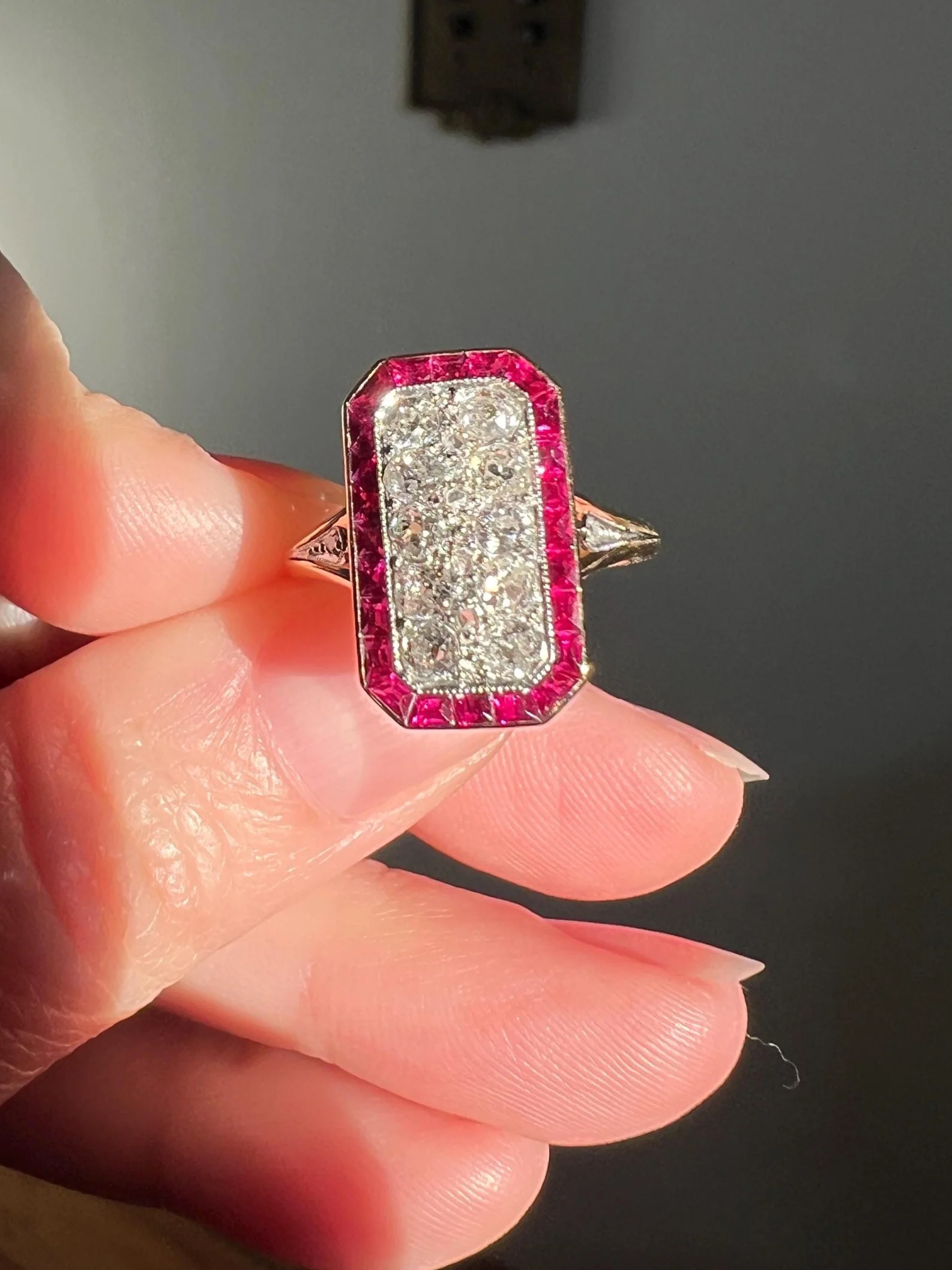 ANTIQUE 1 Carat Old Mine Rose Cut DIAMOND RUBY Halo Rectangular Panel Lozenge Ring 18k Gold French Belle Epoque Pink Red