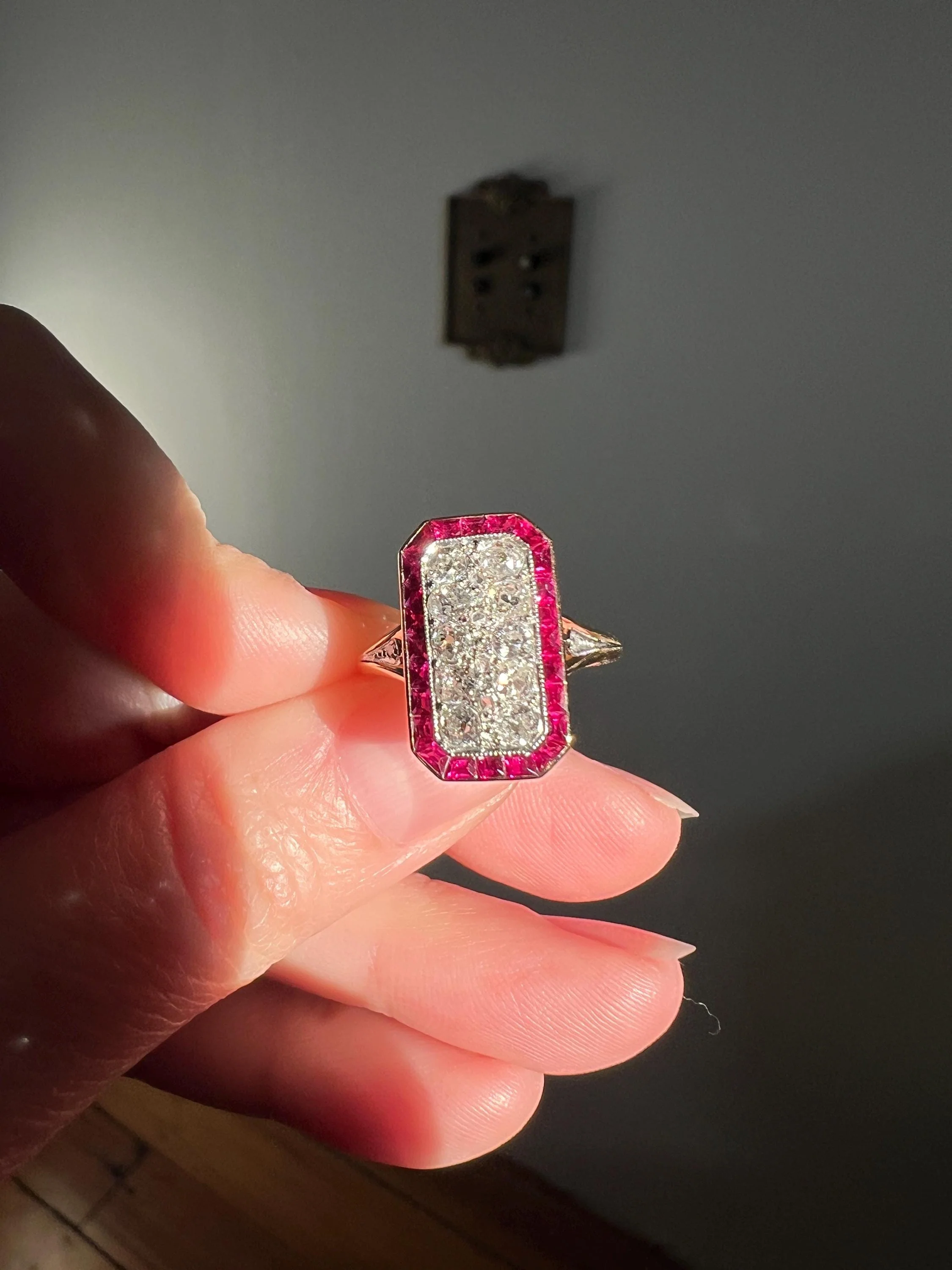 ANTIQUE 1 Carat Old Mine Rose Cut DIAMOND RUBY Halo Rectangular Panel Lozenge Ring 18k Gold French Belle Epoque Pink Red - Image 11