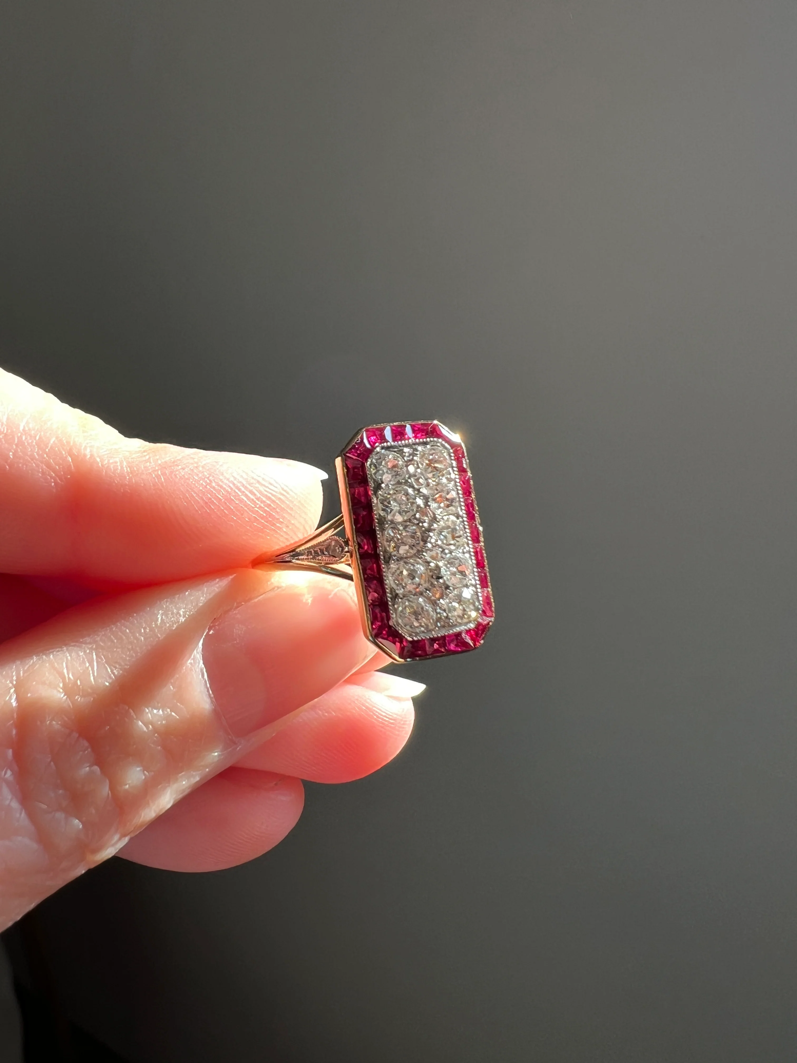 ANTIQUE 1 Carat Old Mine Rose Cut DIAMOND RUBY Halo Rectangular Panel Lozenge Ring 18k Gold French Belle Epoque Pink Red - Image 12