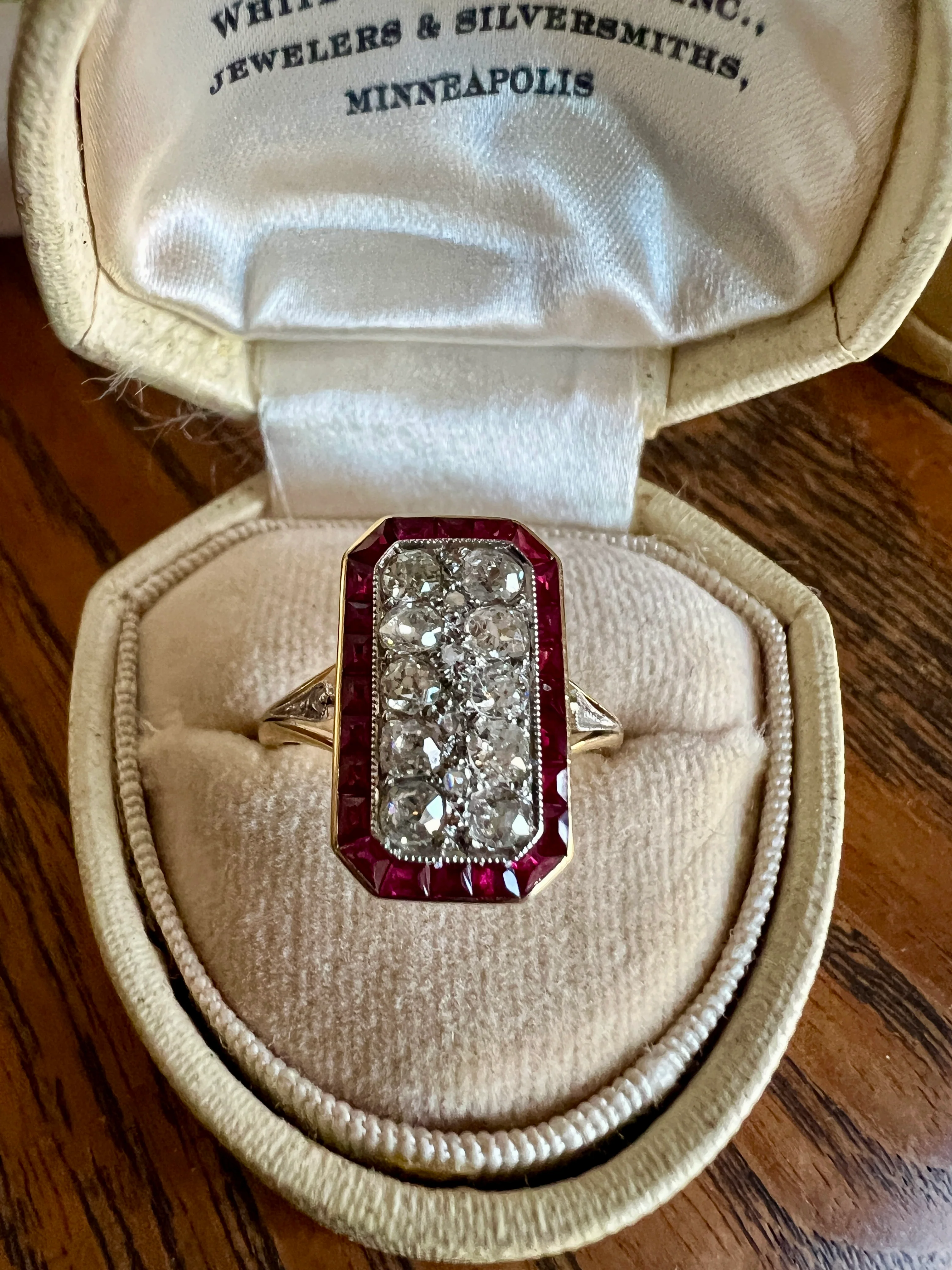ANTIQUE 1 Carat Old Mine Rose Cut DIAMOND RUBY Halo Rectangular Panel Lozenge Ring 18k Gold French Belle Epoque Pink Red - Image 13