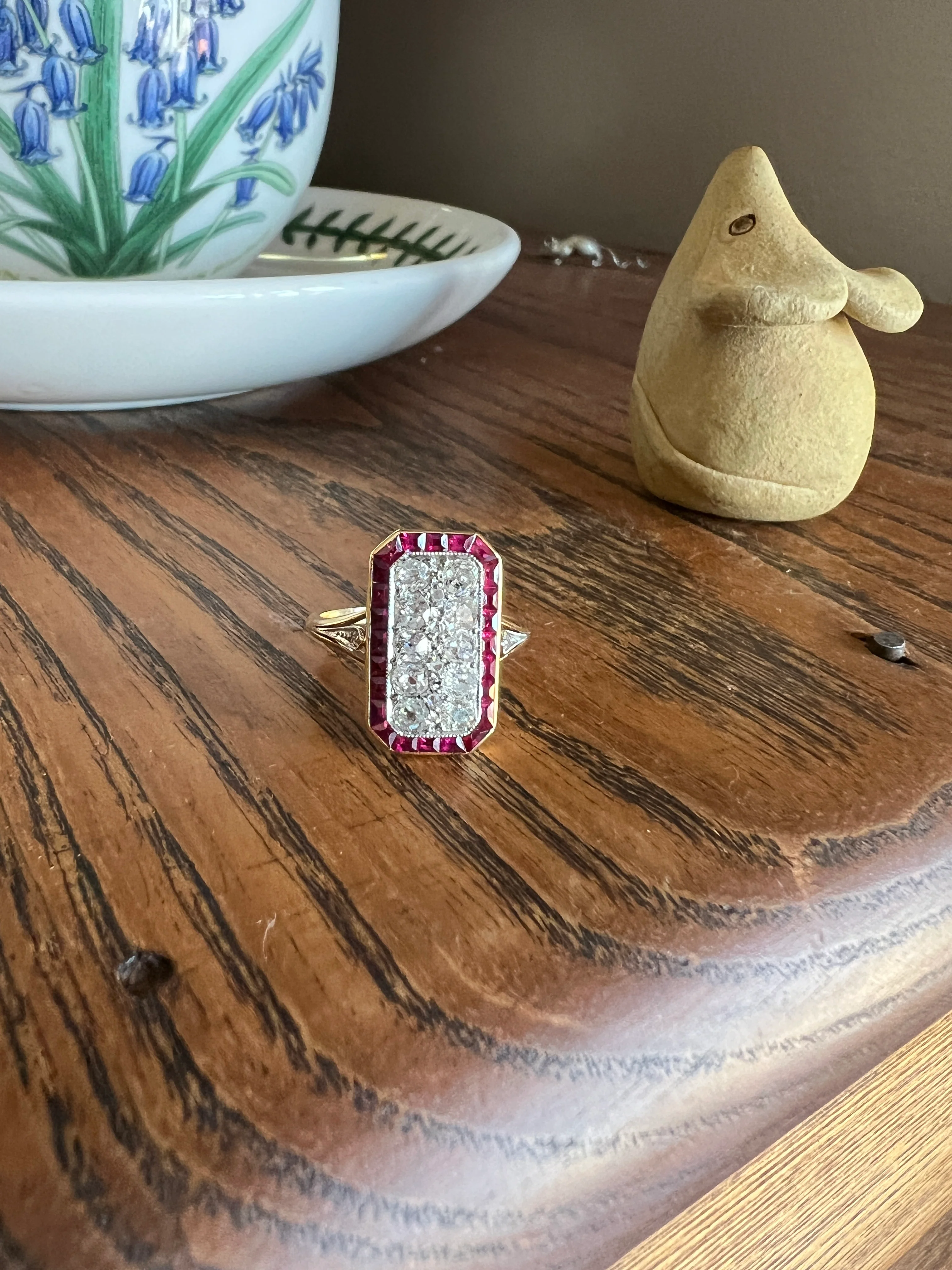 ANTIQUE 1 Carat Old Mine Rose Cut DIAMOND RUBY Halo Rectangular Panel Lozenge Ring 18k Gold French Belle Epoque Pink Red - Image 15