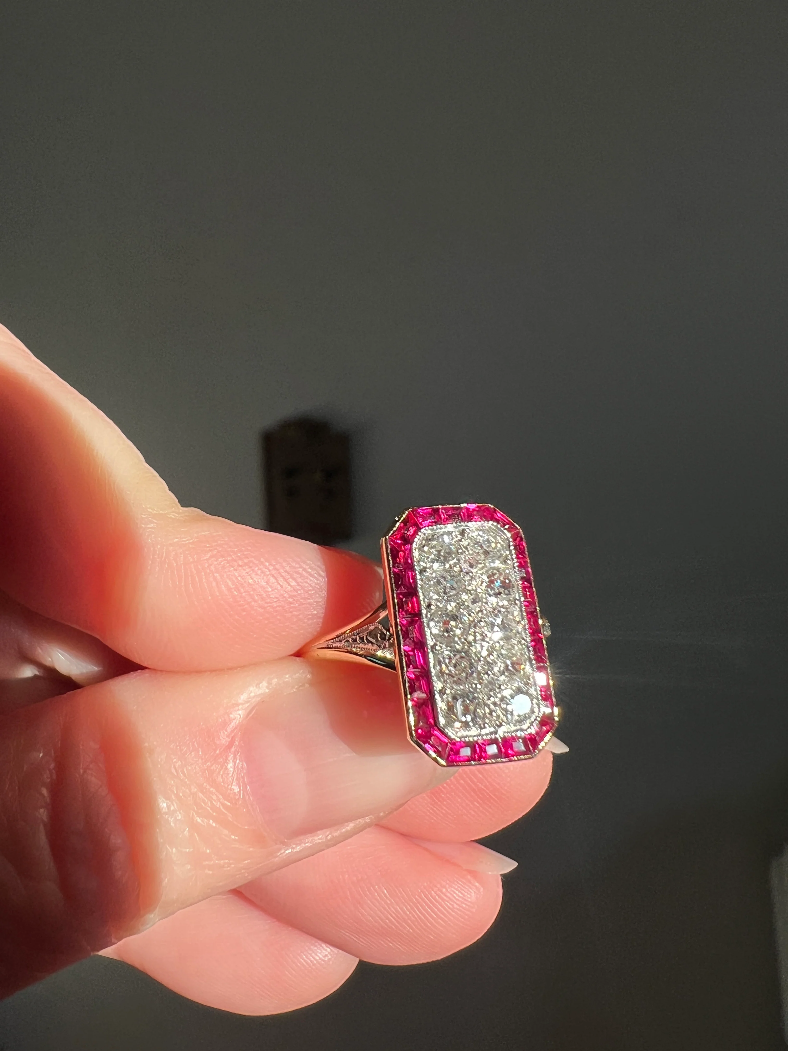 ANTIQUE 1 Carat Old Mine Rose Cut DIAMOND RUBY Halo Rectangular Panel Lozenge Ring 18k Gold French Belle Epoque Pink Red - Image 16