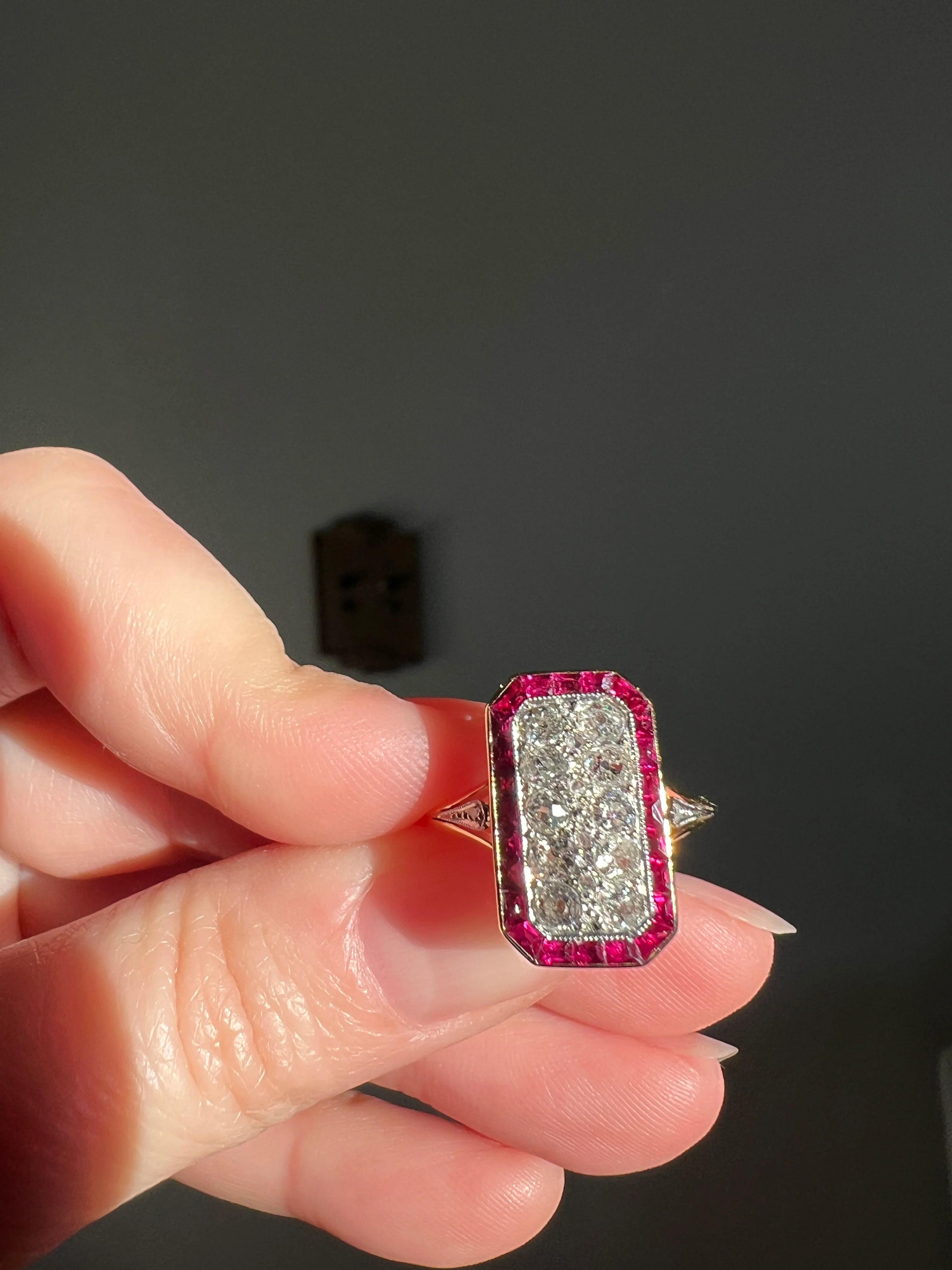 ANTIQUE 1 Carat Old Mine Rose Cut DIAMOND RUBY Halo Rectangular Panel Lozenge Ring 18k Gold French Belle Epoque Pink Red - Image 17
