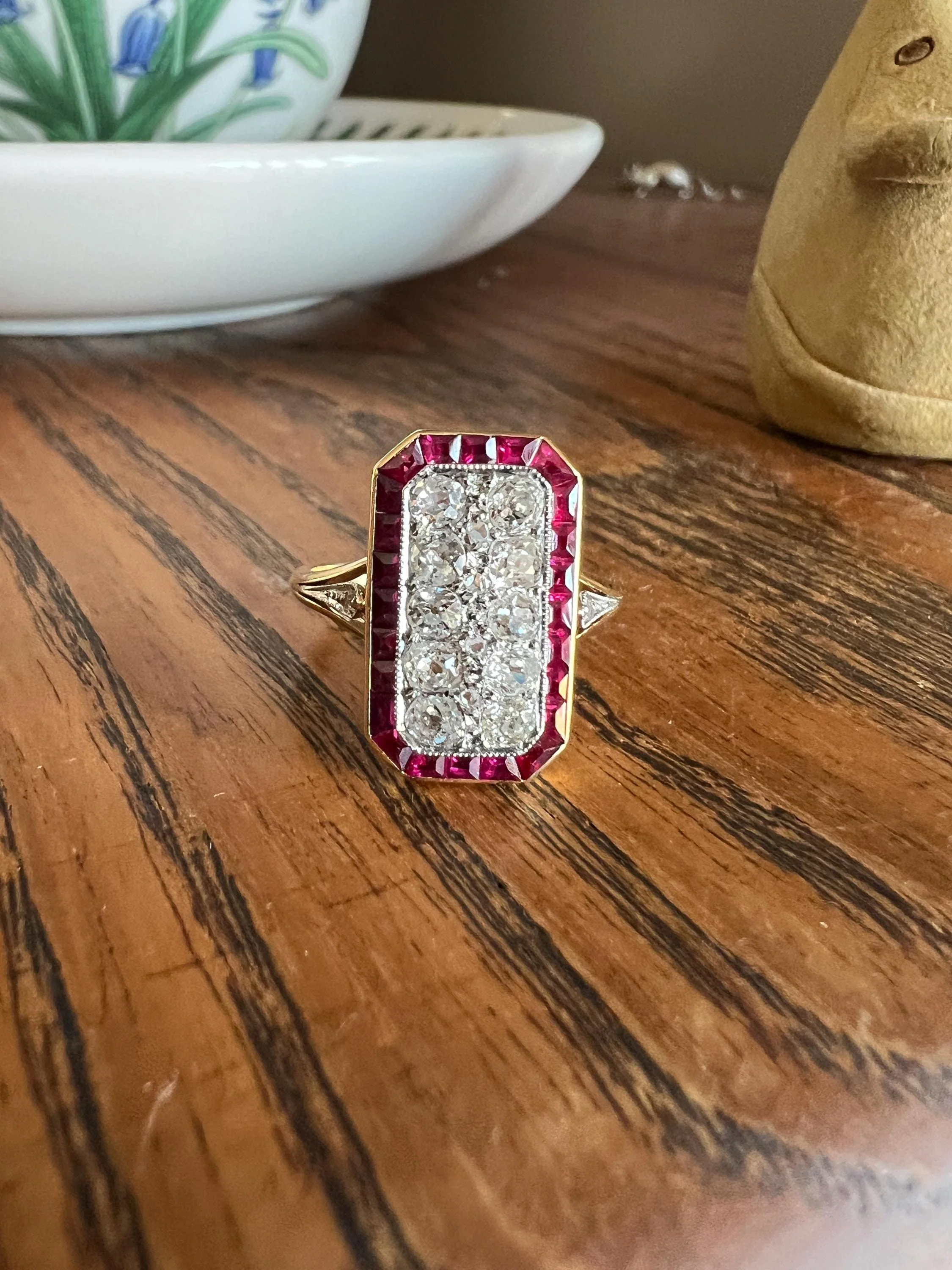 ANTIQUE 1 Carat Old Mine Rose Cut DIAMOND RUBY Halo Rectangular Panel Lozenge Ring 18k Gold French Belle Epoque Pink Red - Image 2