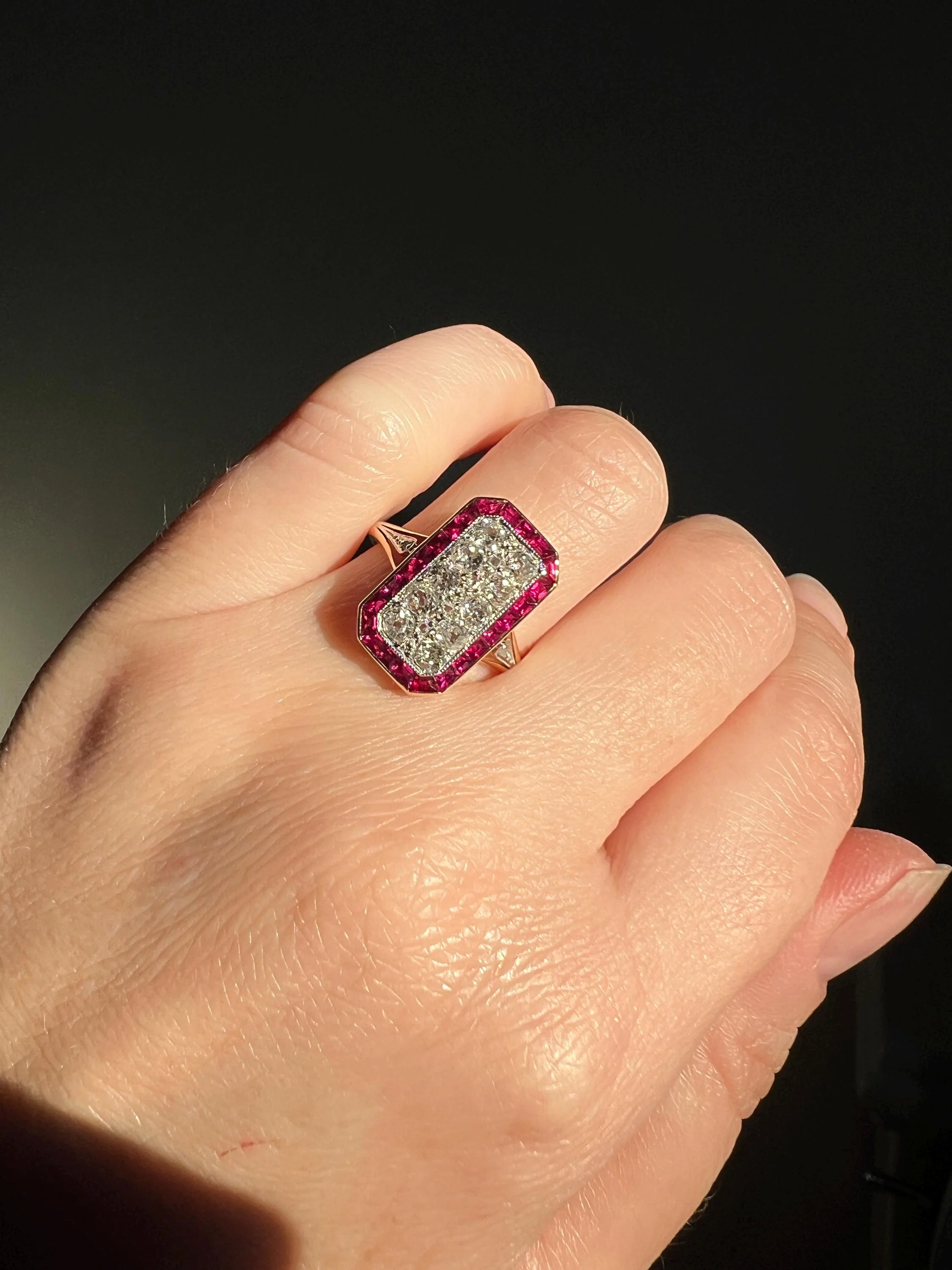 ANTIQUE 1 Carat Old Mine Rose Cut DIAMOND RUBY Halo Rectangular Panel Lozenge Ring 18k Gold French Belle Epoque Pink Red - Image 3