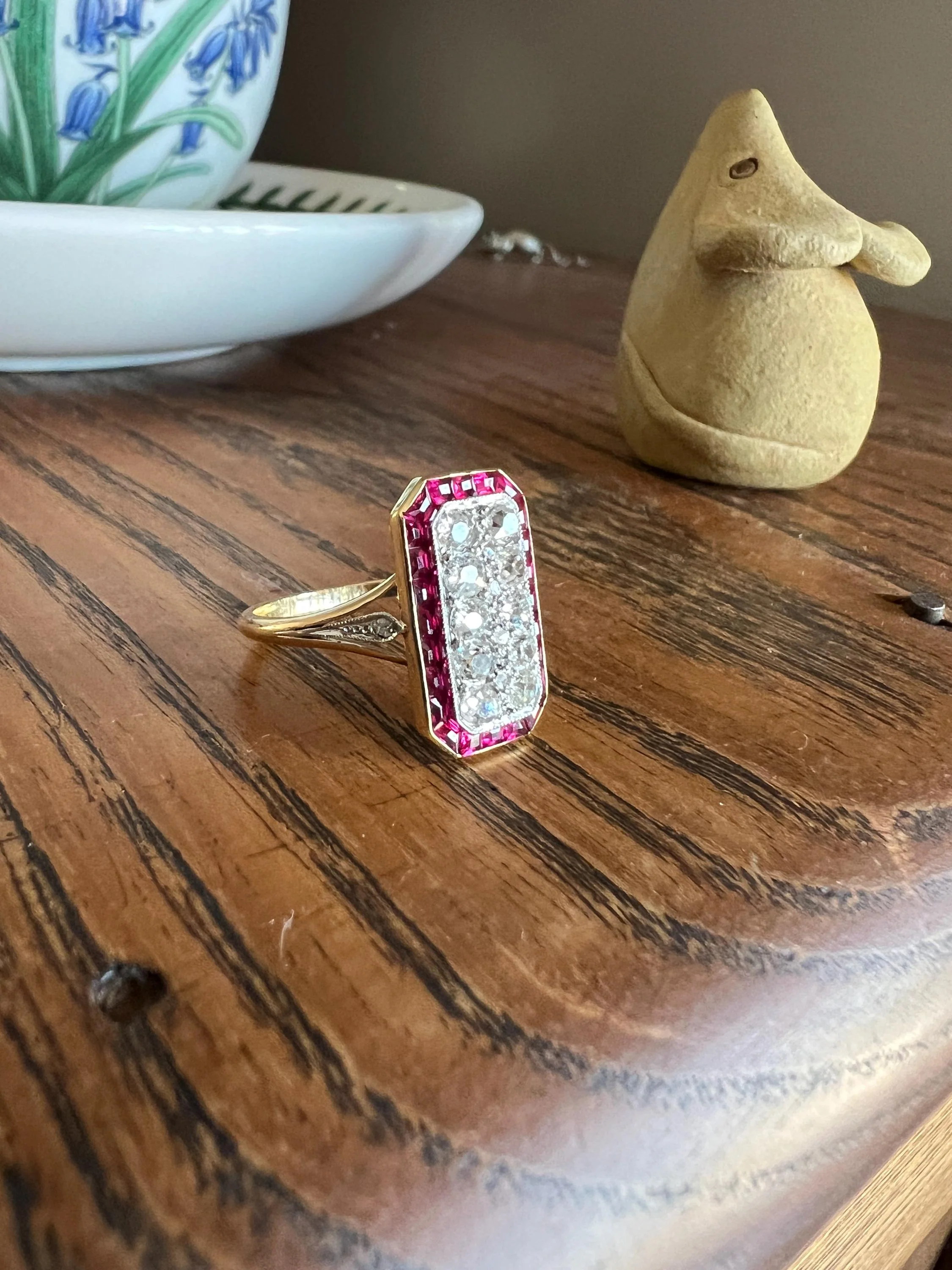 ANTIQUE 1 Carat Old Mine Rose Cut DIAMOND RUBY Halo Rectangular Panel Lozenge Ring 18k Gold French Belle Epoque Pink Red - Image 4