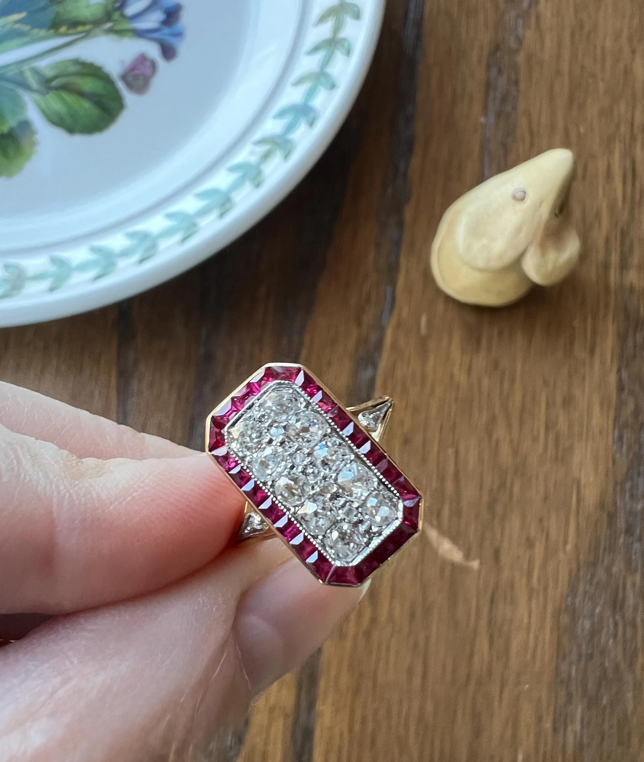 ANTIQUE 1 Carat Old Mine Rose Cut DIAMOND RUBY Halo Rectangular Panel Lozenge Ring 18k Gold French Belle Epoque Pink Red - Image 6
