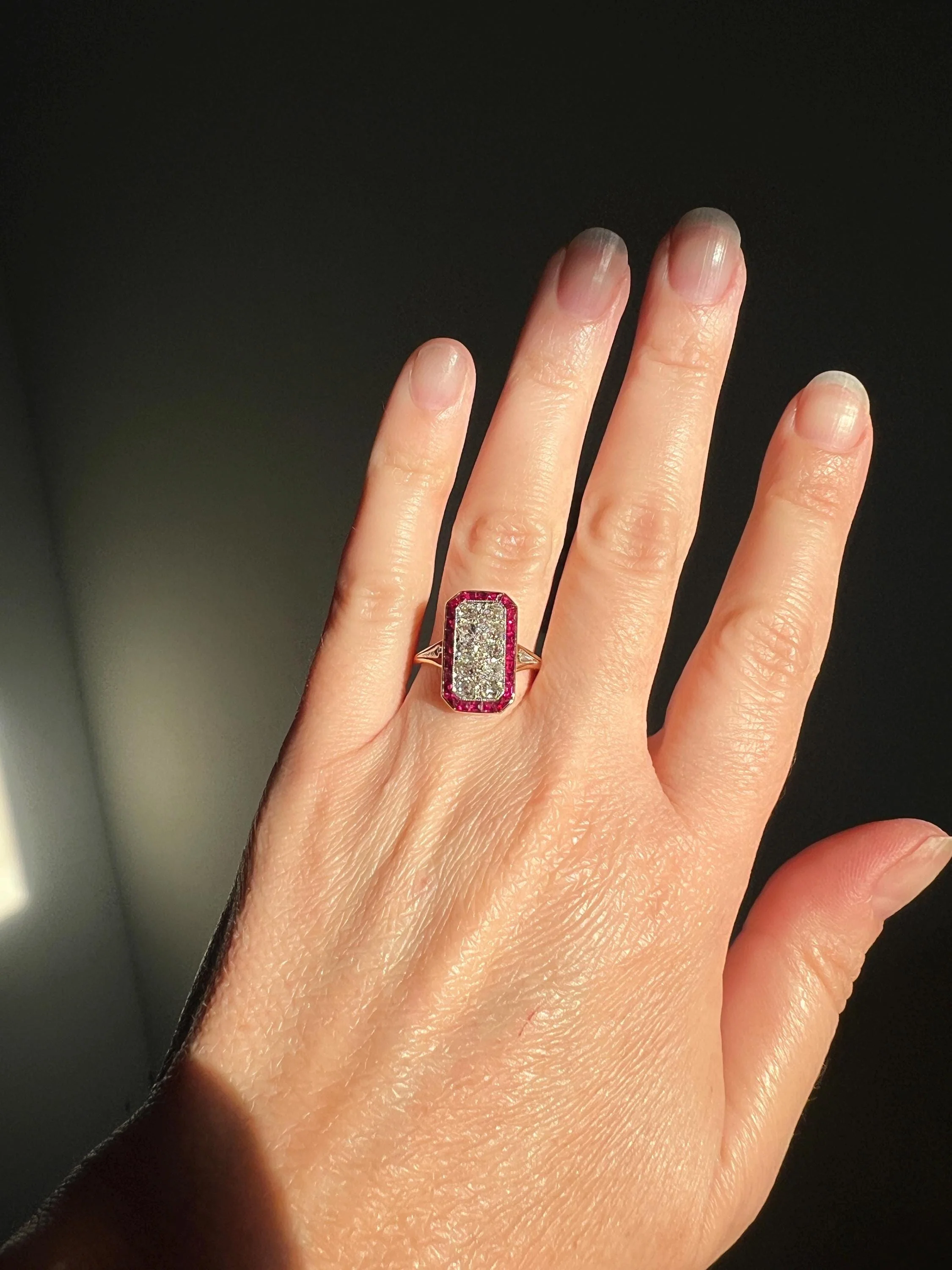 ANTIQUE 1 Carat Old Mine Rose Cut DIAMOND RUBY Halo Rectangular Panel Lozenge Ring 18k Gold French Belle Epoque Pink Red - Image 7
