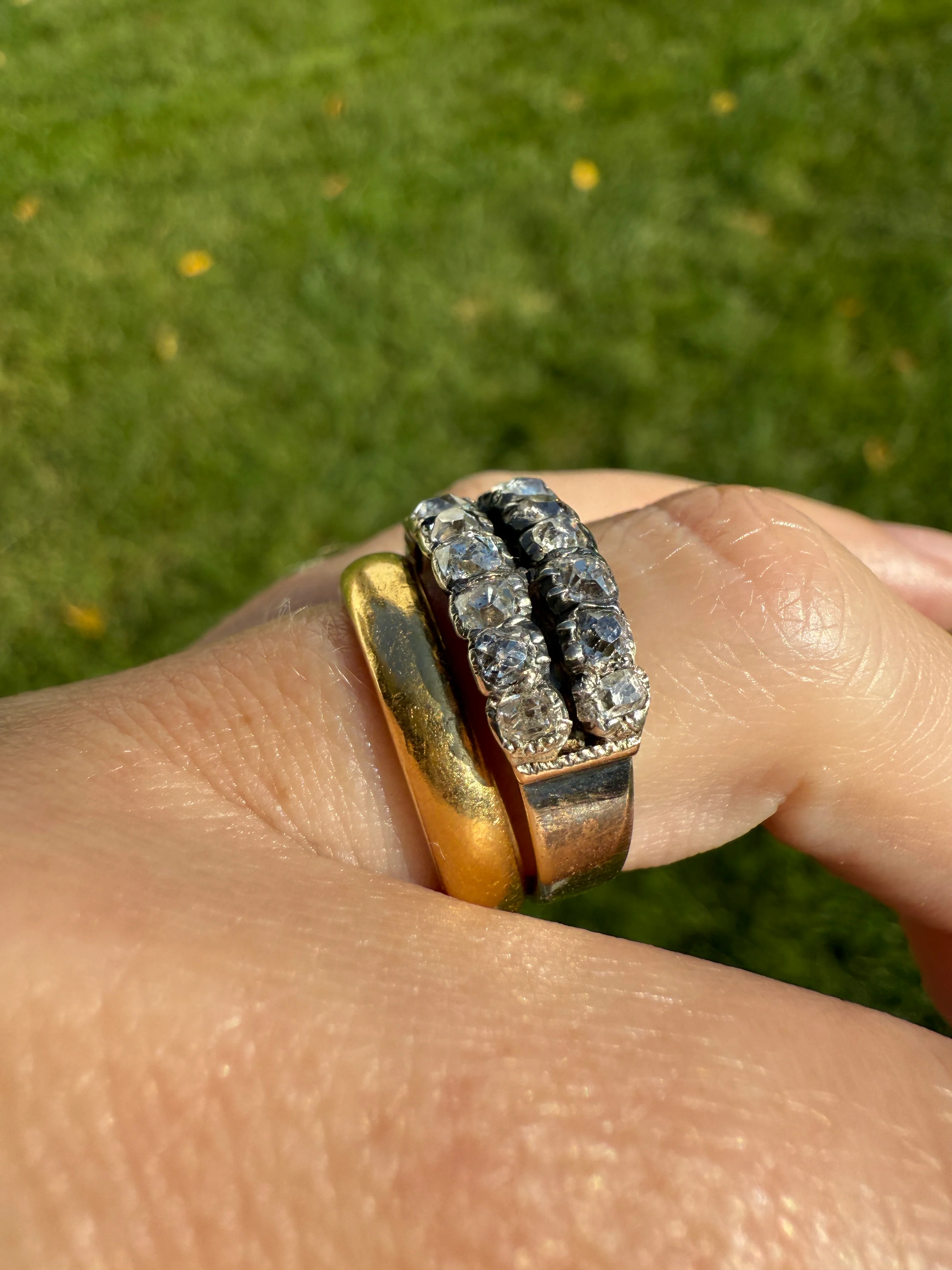 Antique 1.25 Carat Chunky Old Mine Cut DIAMOND Georgian 10k Gold Half Hoop Cigar Band Double Row Ring - Image 13