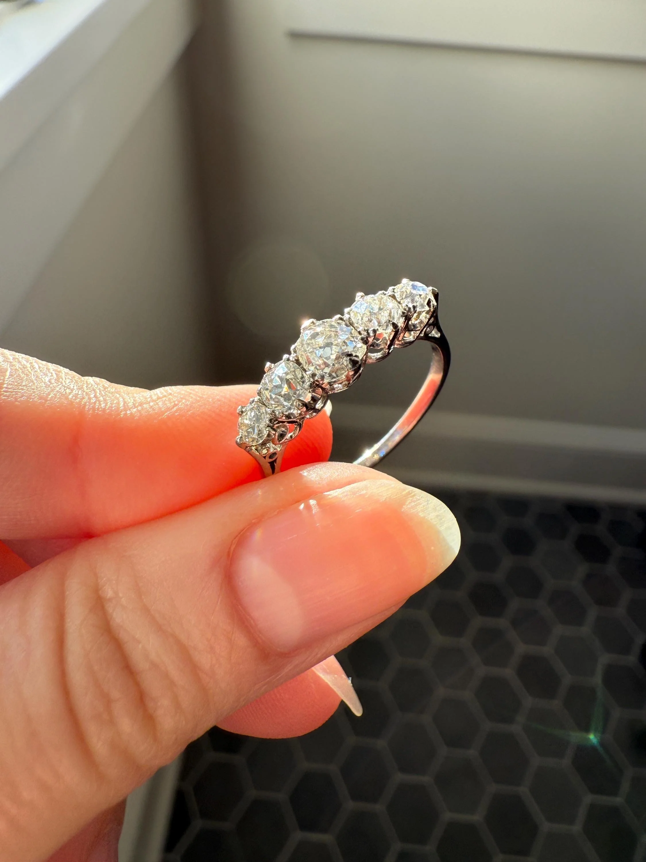 Antique 1.25 Carat Old Mine Cut DIAMOND Five Stone Band Stacker Ring Platinum Wedding Prong Set Stacker Victorian Edwardian - Image 2