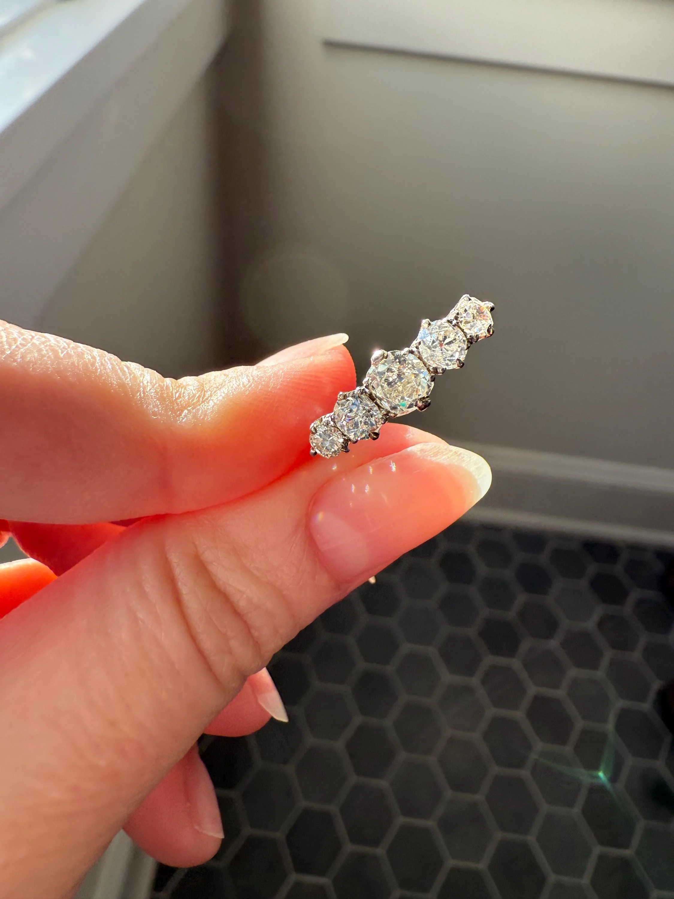 Antique 1.25 Carat Old Mine Cut DIAMOND Five Stone Band Stacker Ring Platinum Wedding Prong Set Stacker Victorian Edwardian - Image 7