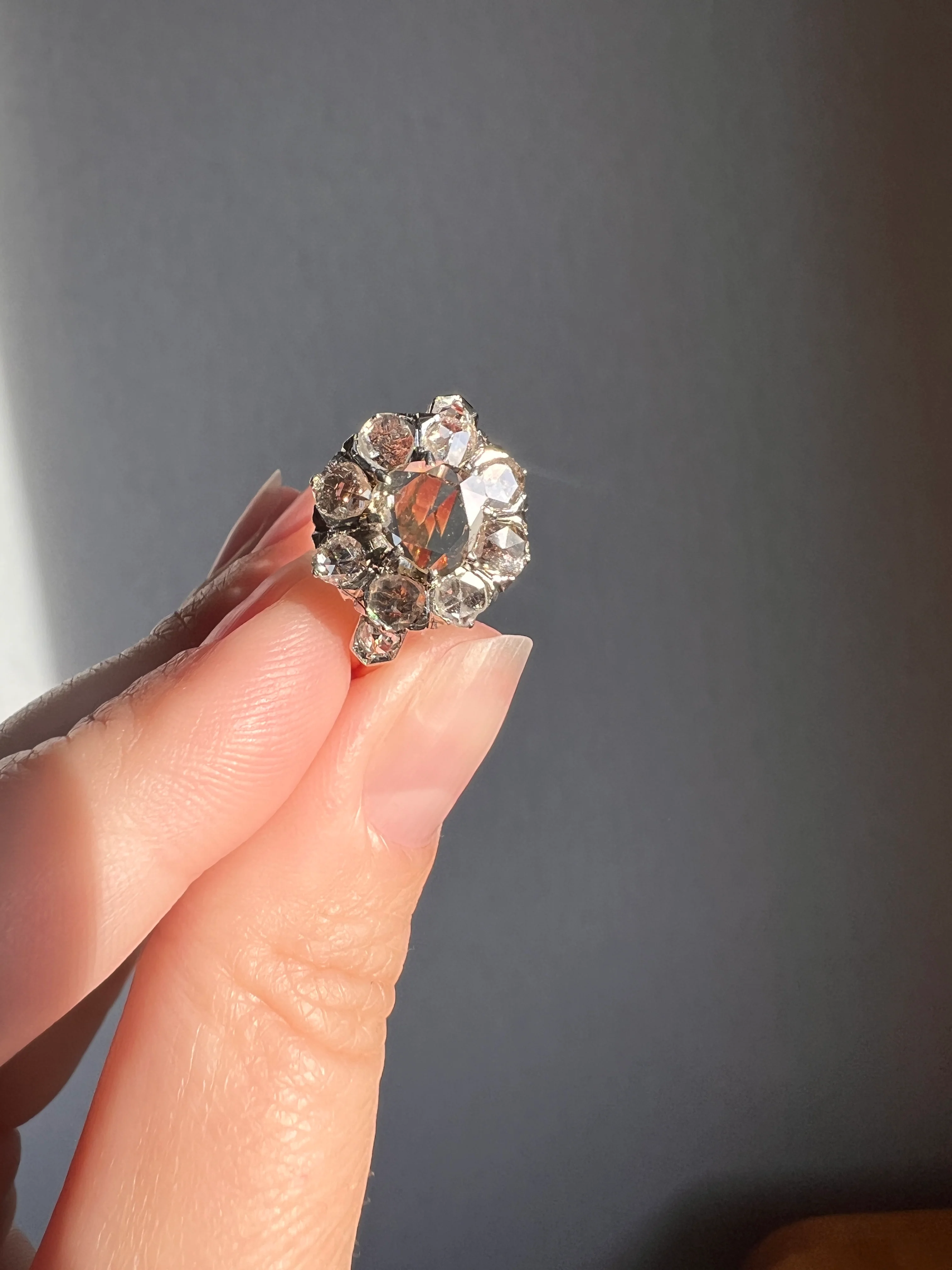 ANTIQUE 1.3 CARAT Rose Cut DIAMOND Clear Disco Daisy Cluster Ring French Victorian Era 18k Gold Platinum - Image 13